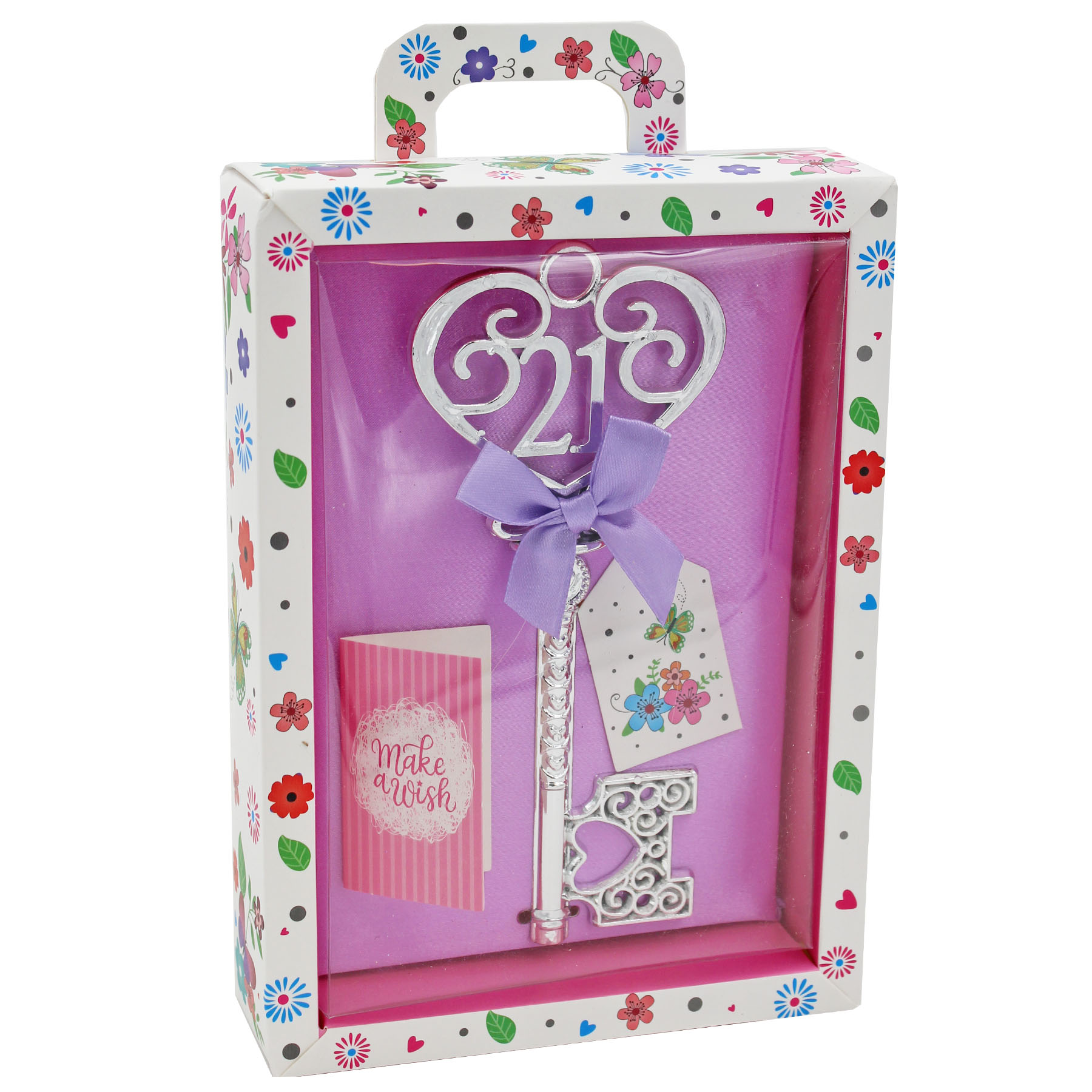 Boxed Silver 21st Birthday Key Keepsake Gift - Female Purple Design
