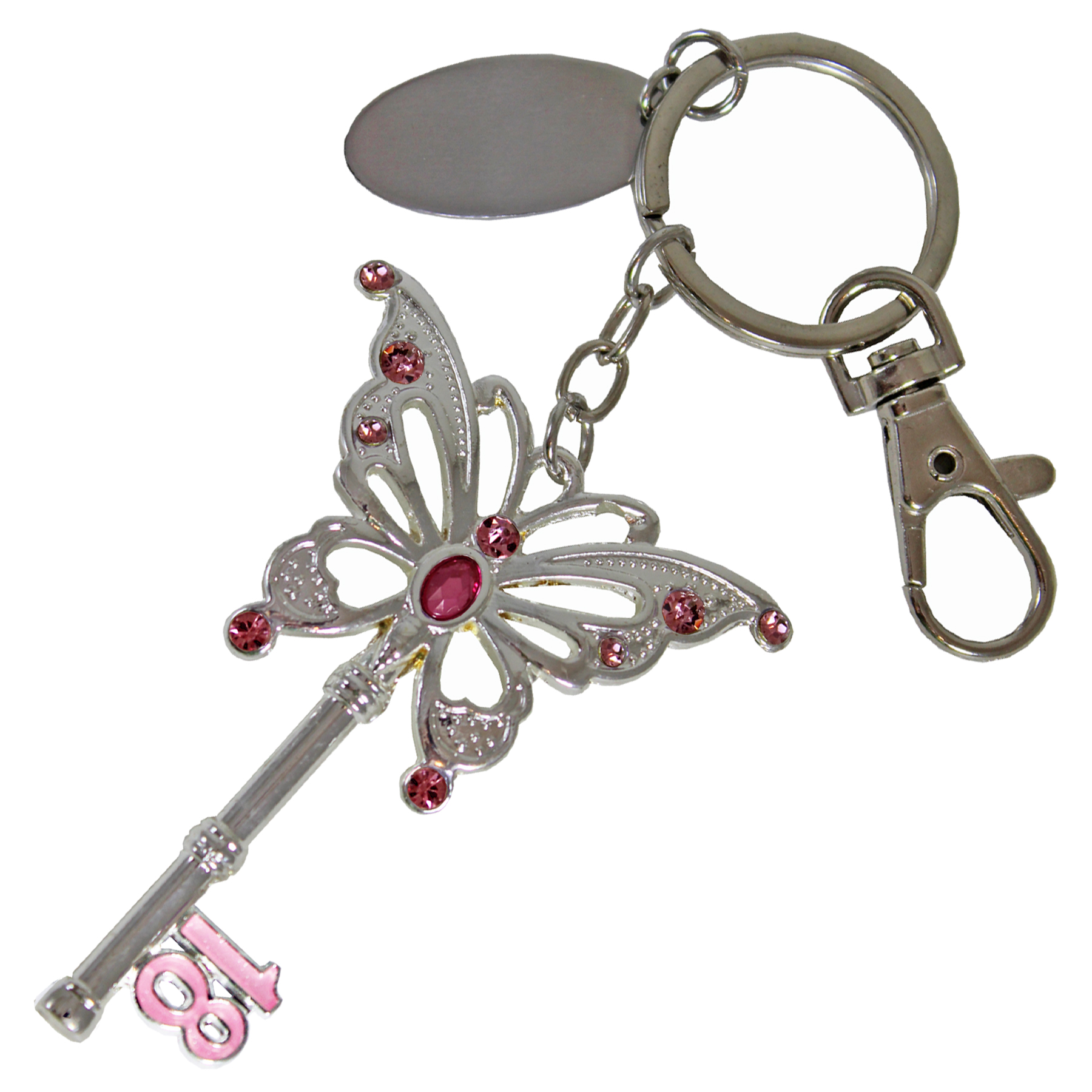 18th Birthday 7cm Key Ring Silver Butterfly Key with Pink Diamante