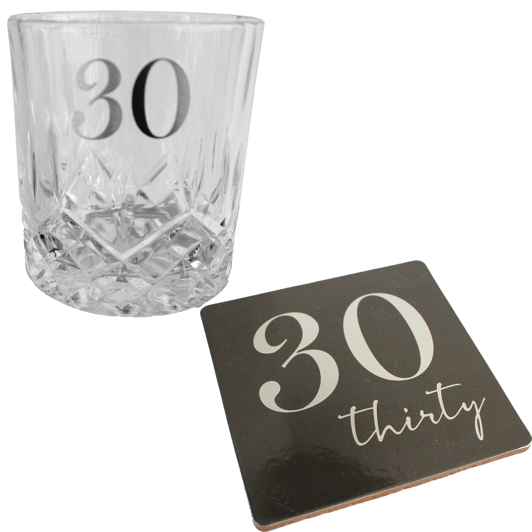 Cut Glass Whisky Tumbler and Coaster Set Gift Box - 30th Birthday