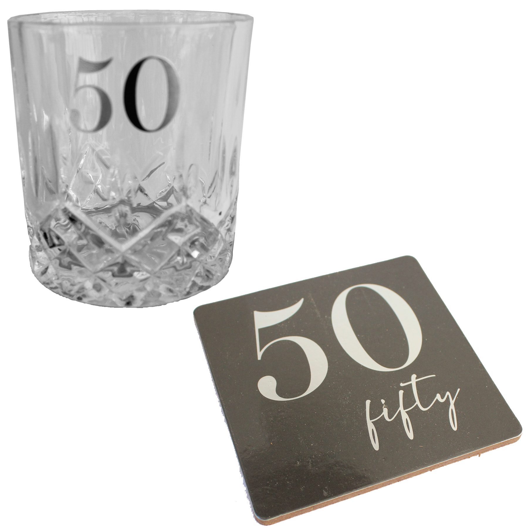 Cut Glass Whisky Tumbler and Coaster Set Gift Box - 50th Birthday