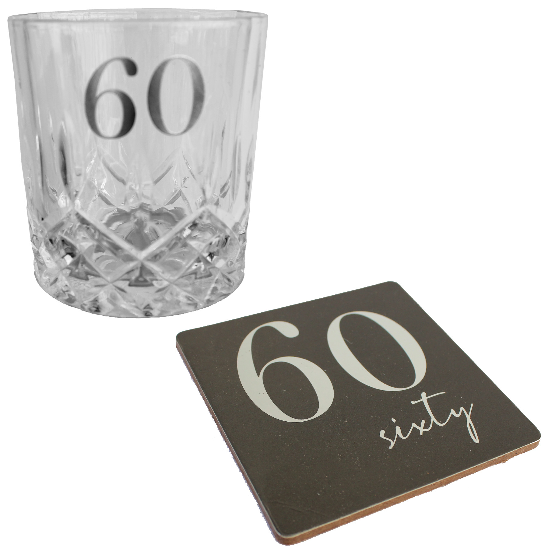 Cut Glass Whisky Tumbler and Coaster Set Gift Box - 60th Birthday