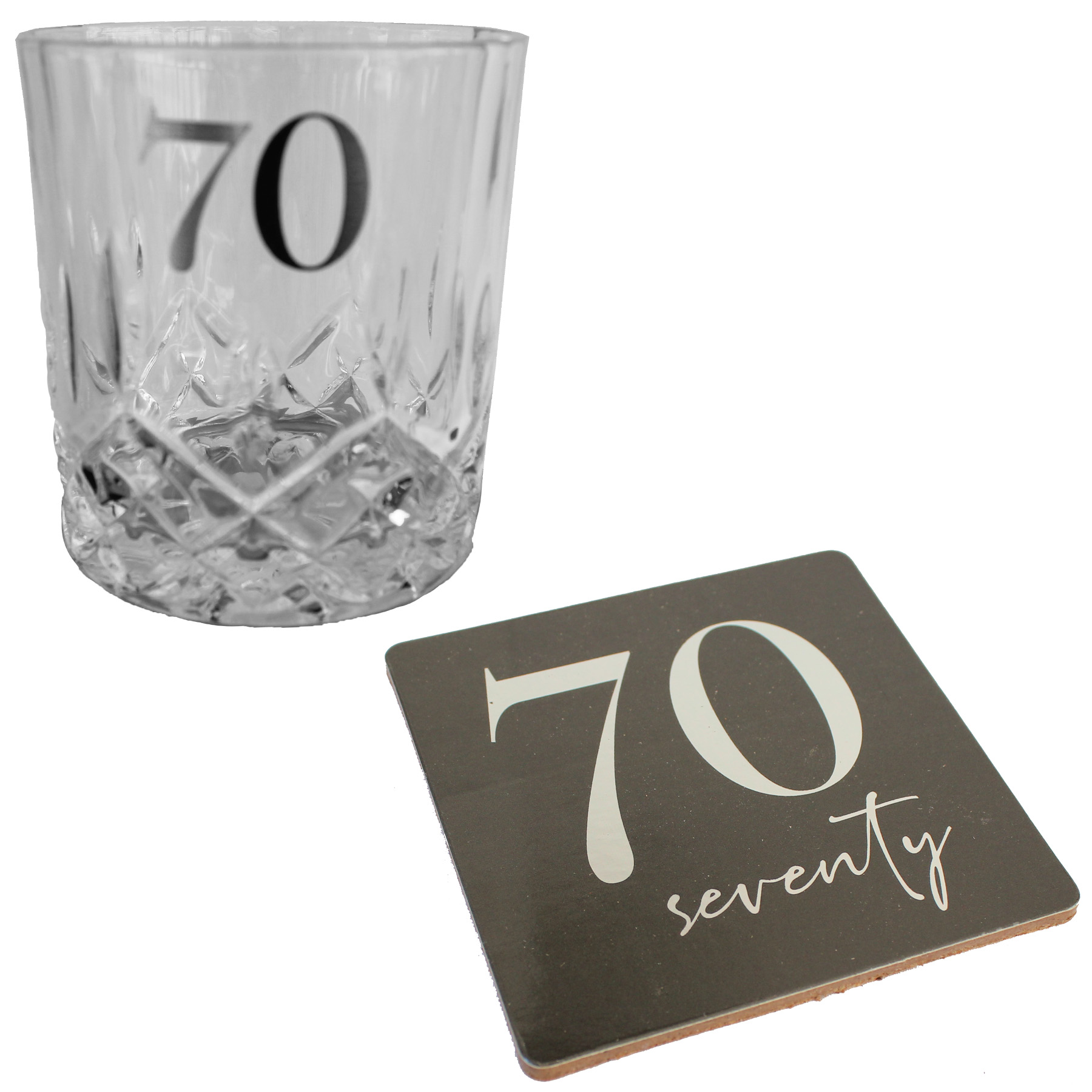 Cut Glass Whisky Tumbler and Coaster Set Gift Box - 70th Birthday