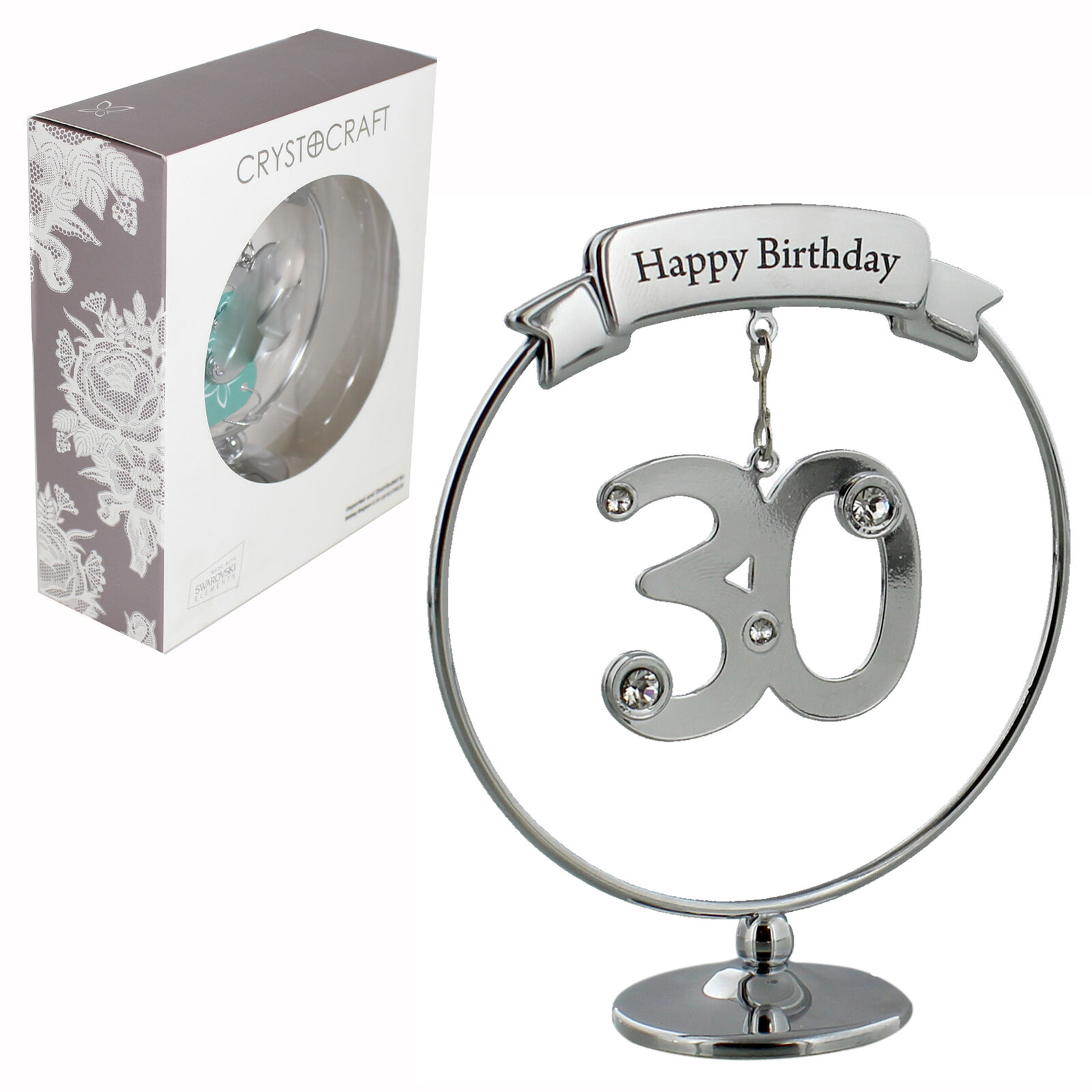 Crystocraft Happy 30th Birthday Cake Topper / Gift With Number & Swarovski Crystals