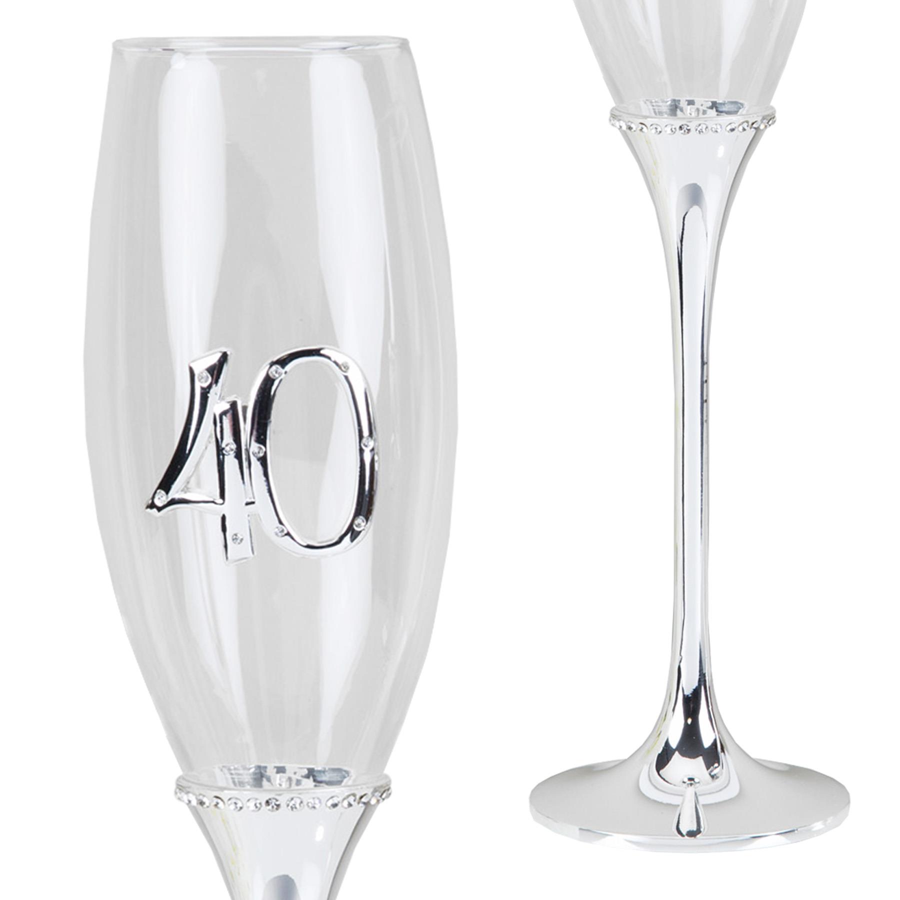 40th Anniversary Champagne Flutes with Silver Stem Set of 2