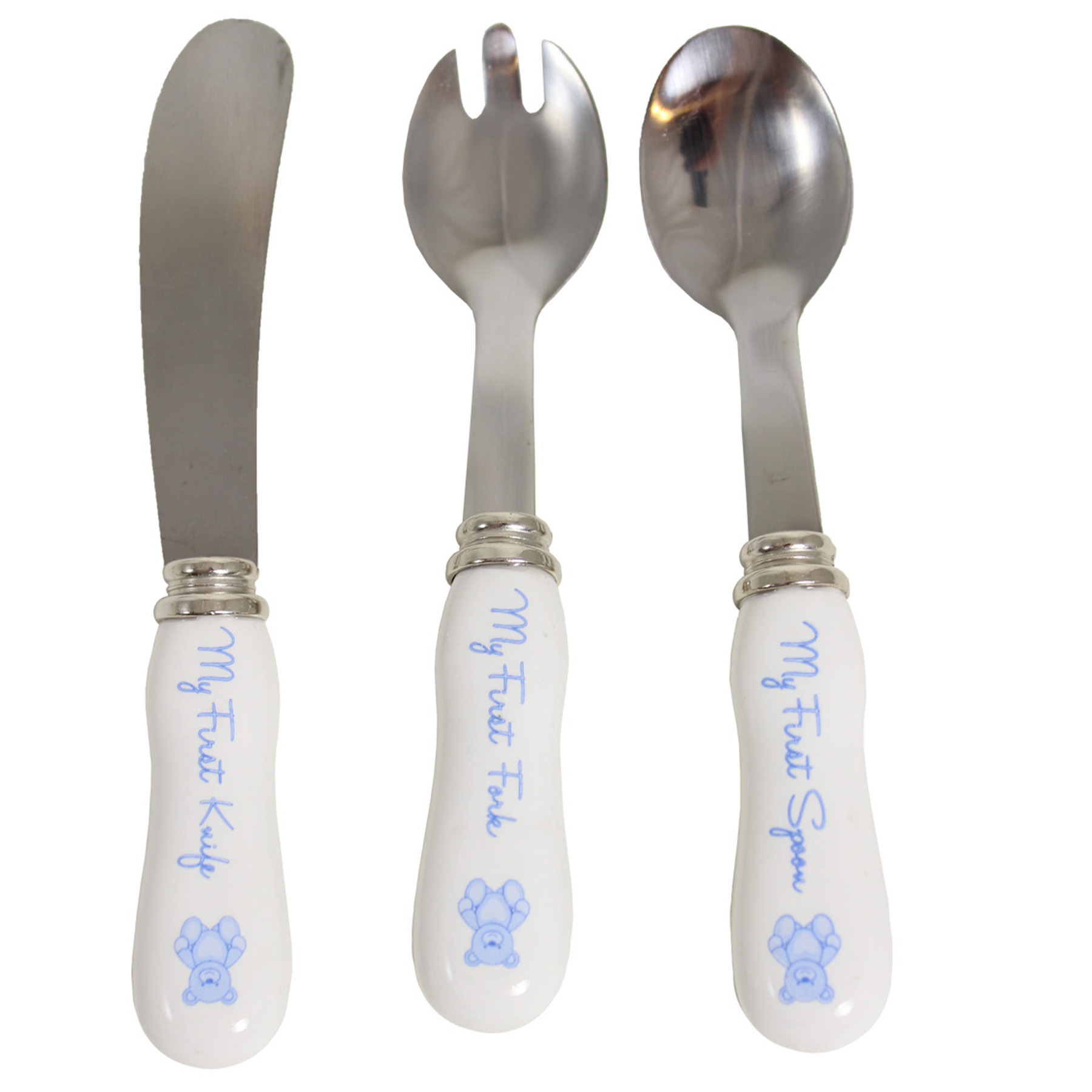 My First Cutlery Set - Spoon, Knife Fork - Blue Teddy Design - Baby Boy