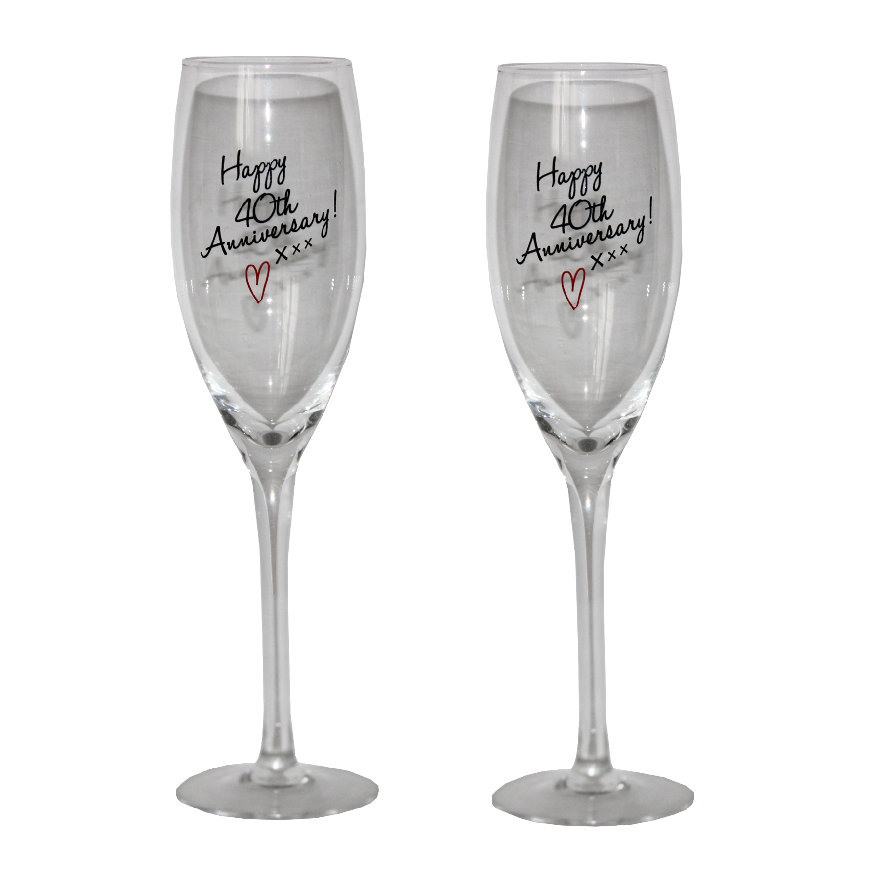 Set of 2 Champagne Flutes Happy 40th Anniversary Heart Detail