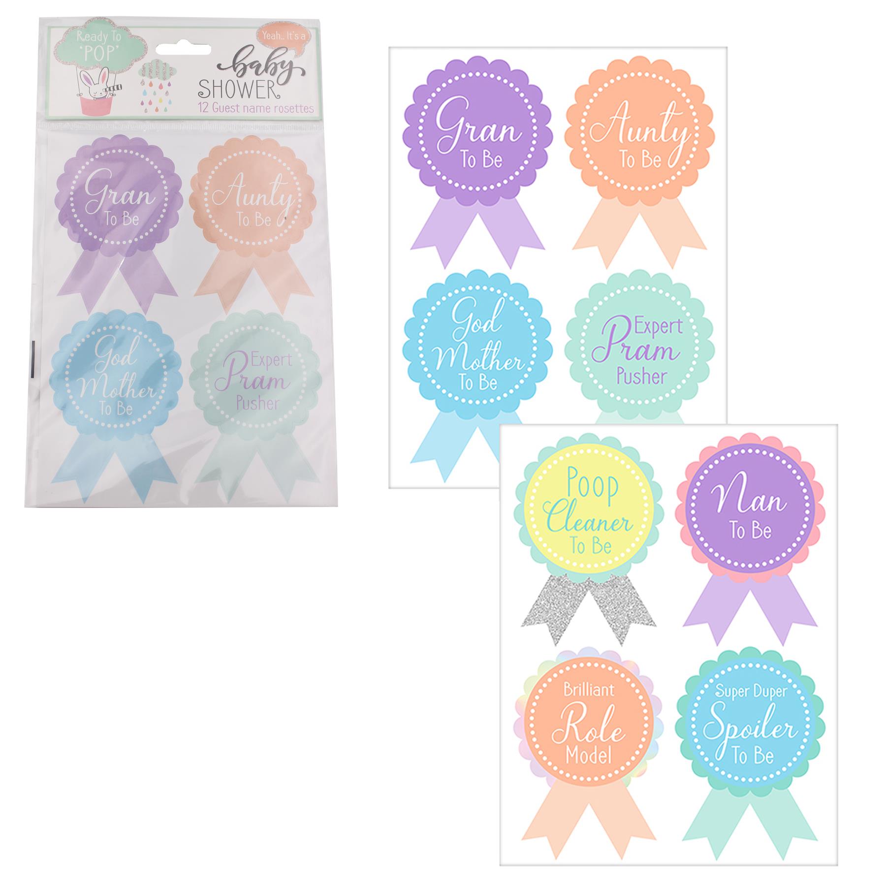 Baby Shower Decorations - 12 Guest Name Rosette Stickers