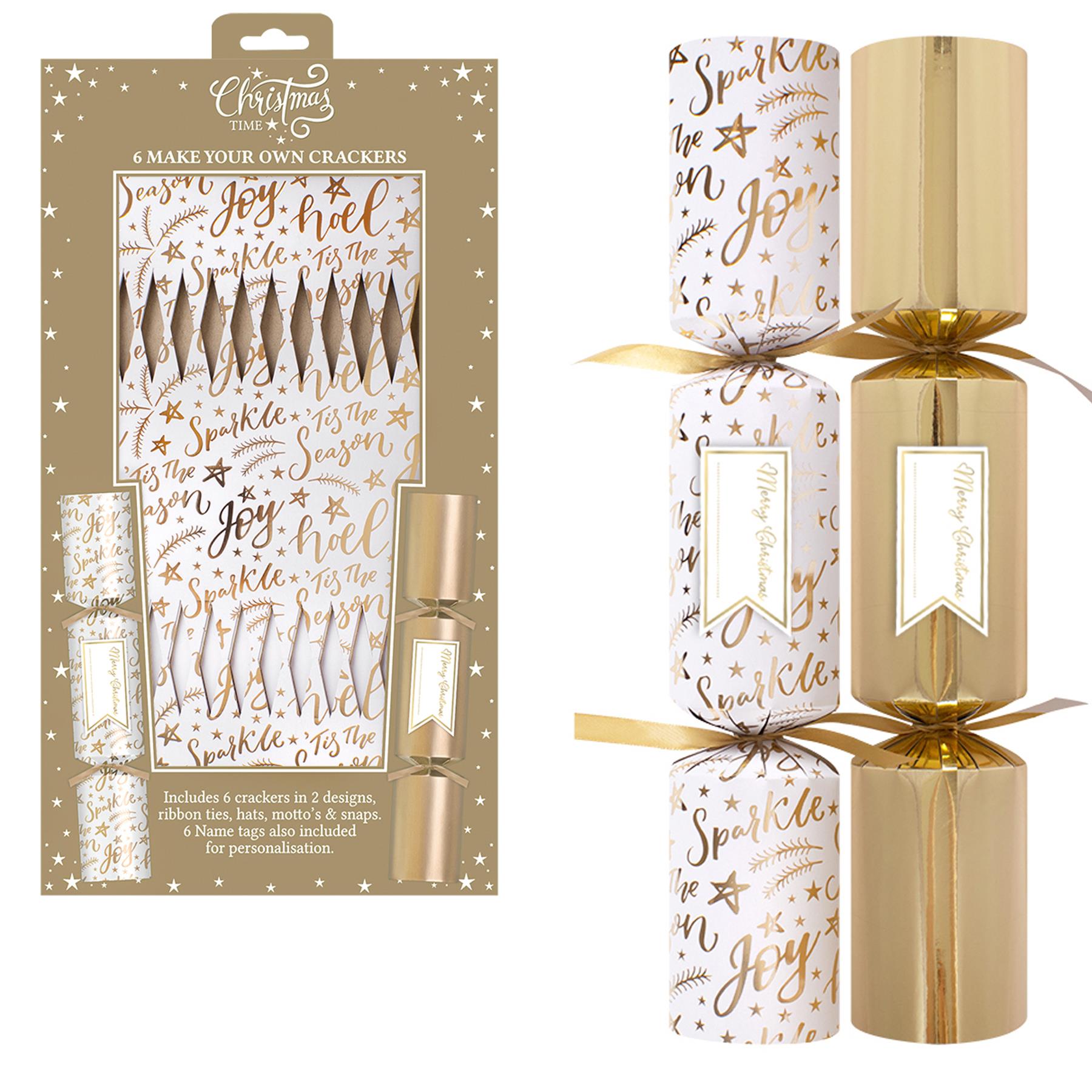 6 Pack Make your Own Christmas Crackers Script Design - White / Gold