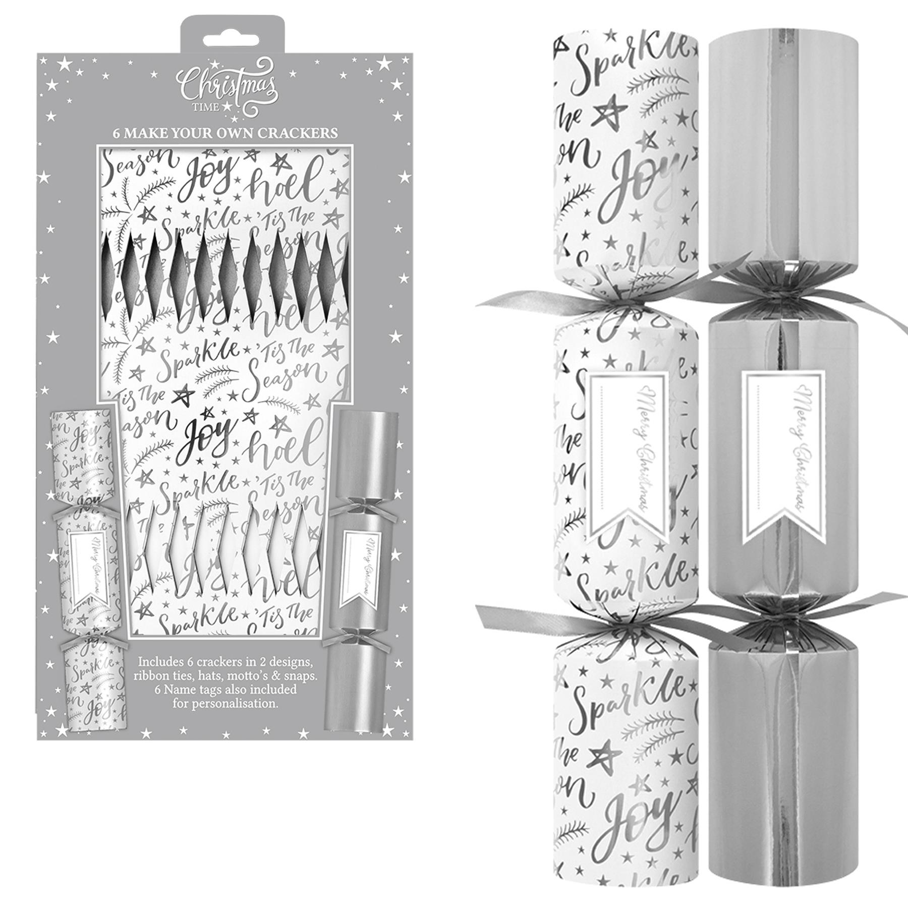 6 Pack Make your Own Christmas Crackers Script Design - White / Silver