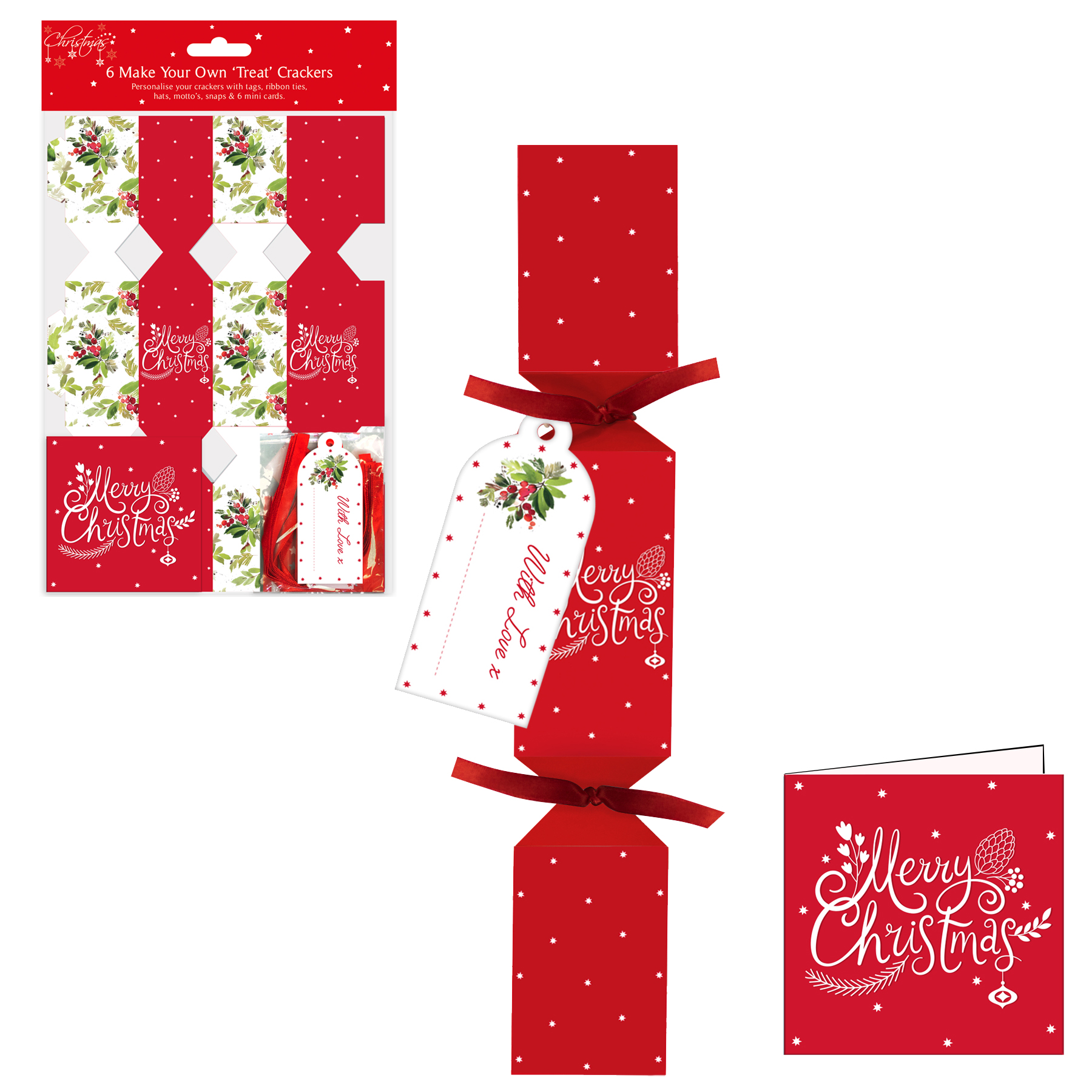 6 Pack Make your Own Treat Christmas Cracker Kit and Cards - Holly Design