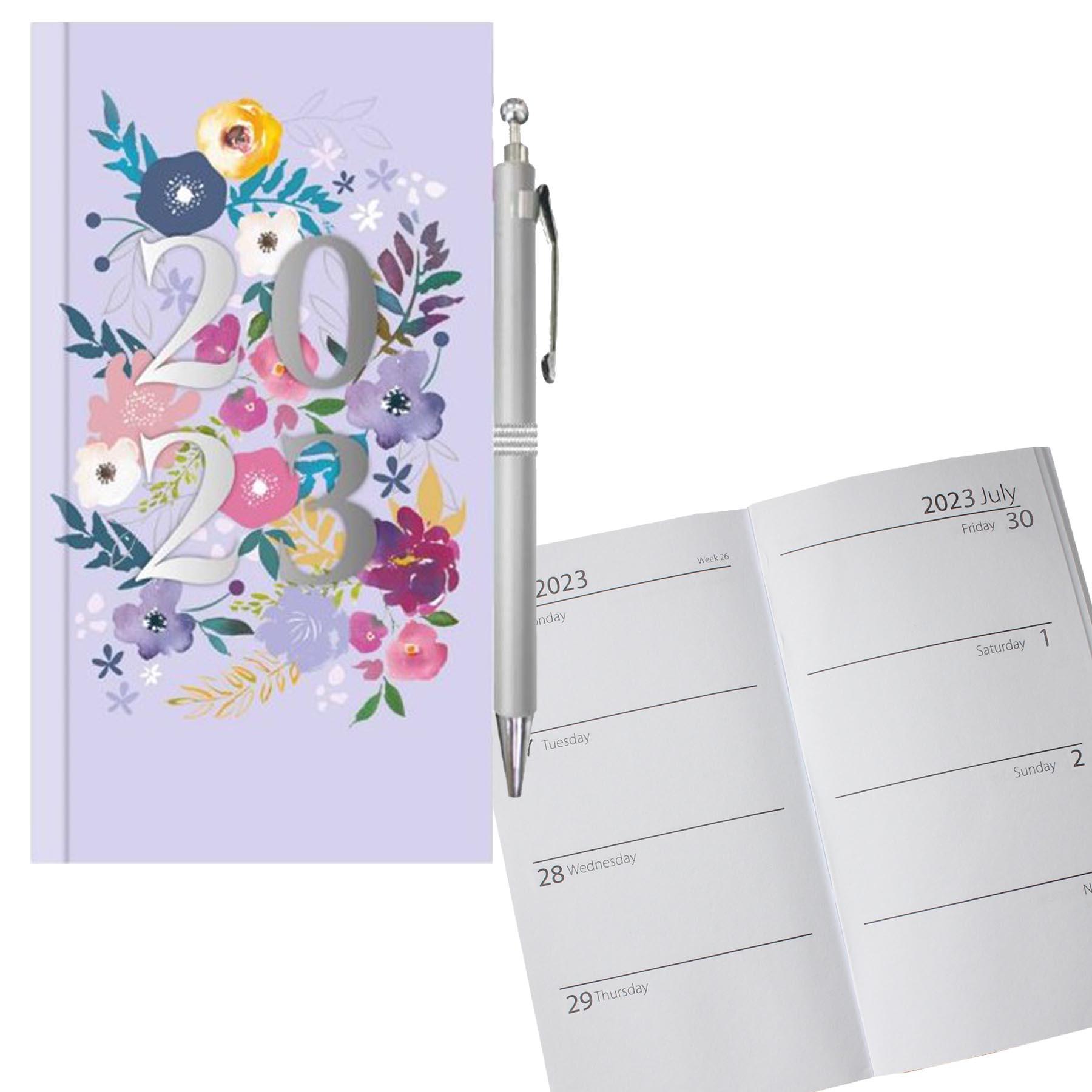 2023 Slimline Week To View Diary and Pen 0824 - Purple with Flowers