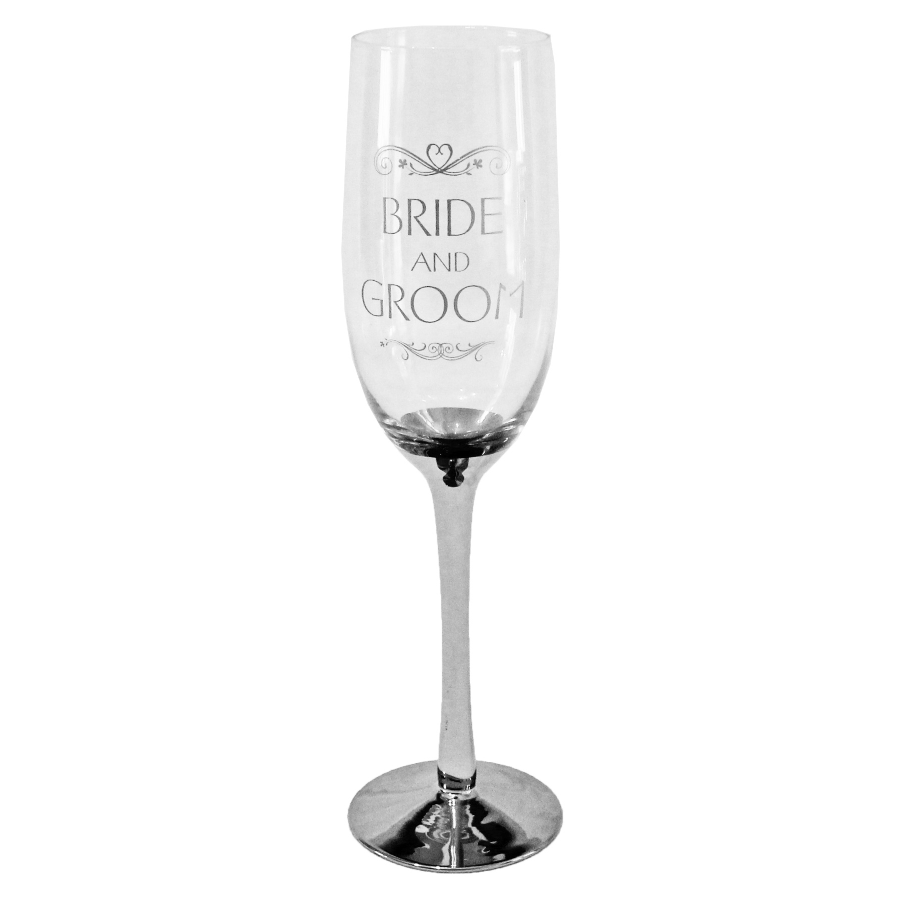 Wedding Day Champagne flute with silver stem - Bride and Groom