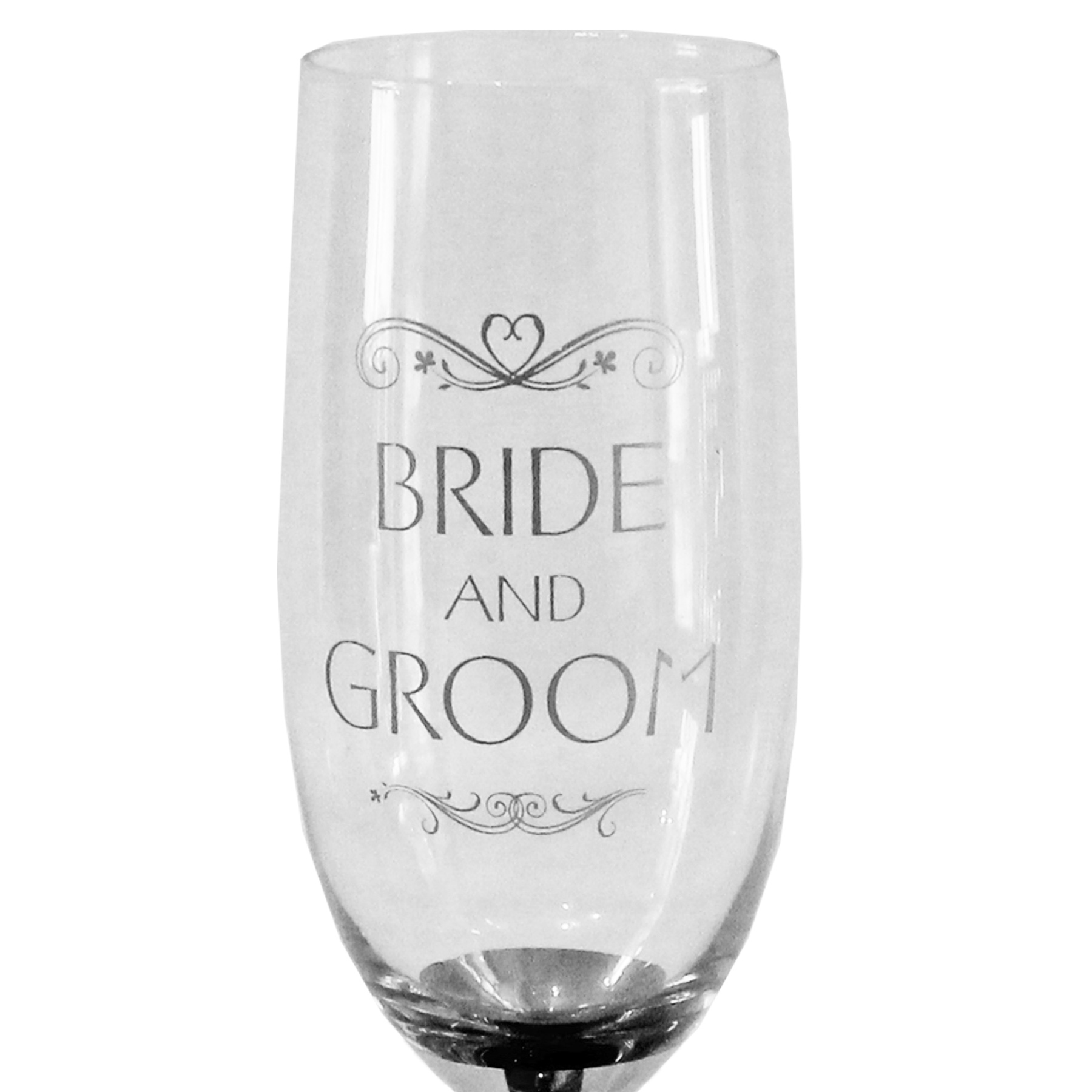 Wedding Day Champagne flute with silver stem - Bride and Groom