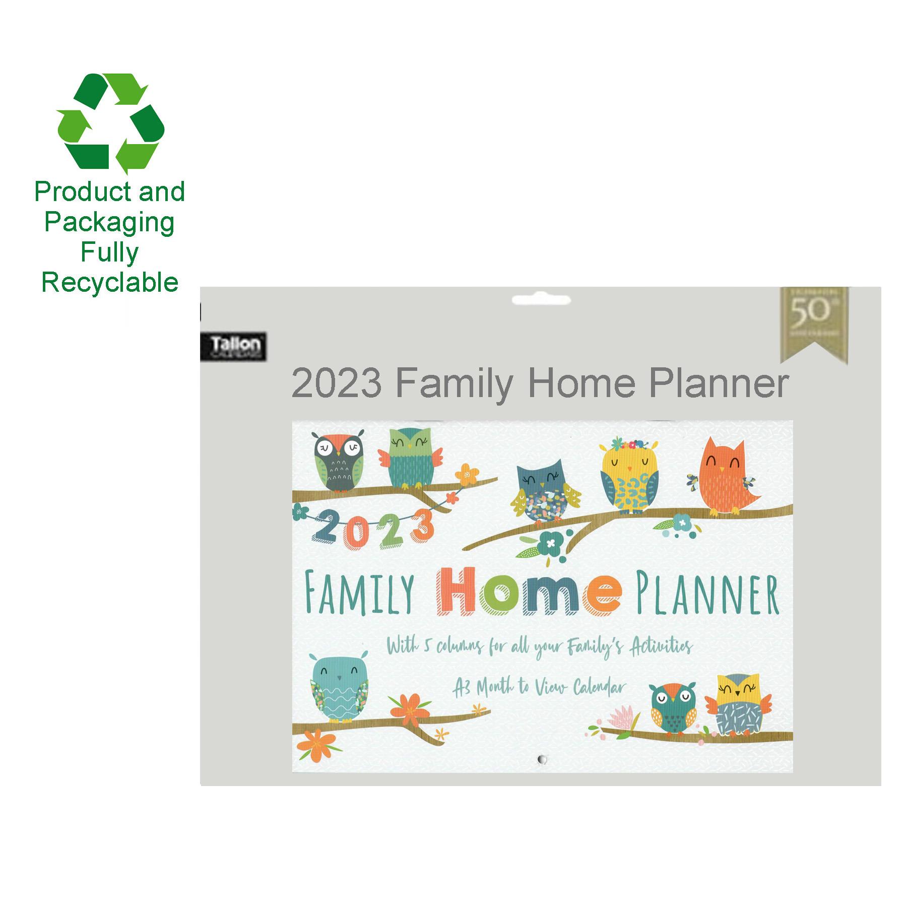 2023 Family Home Planner Calendar 5 Columns Size A3 - Owls