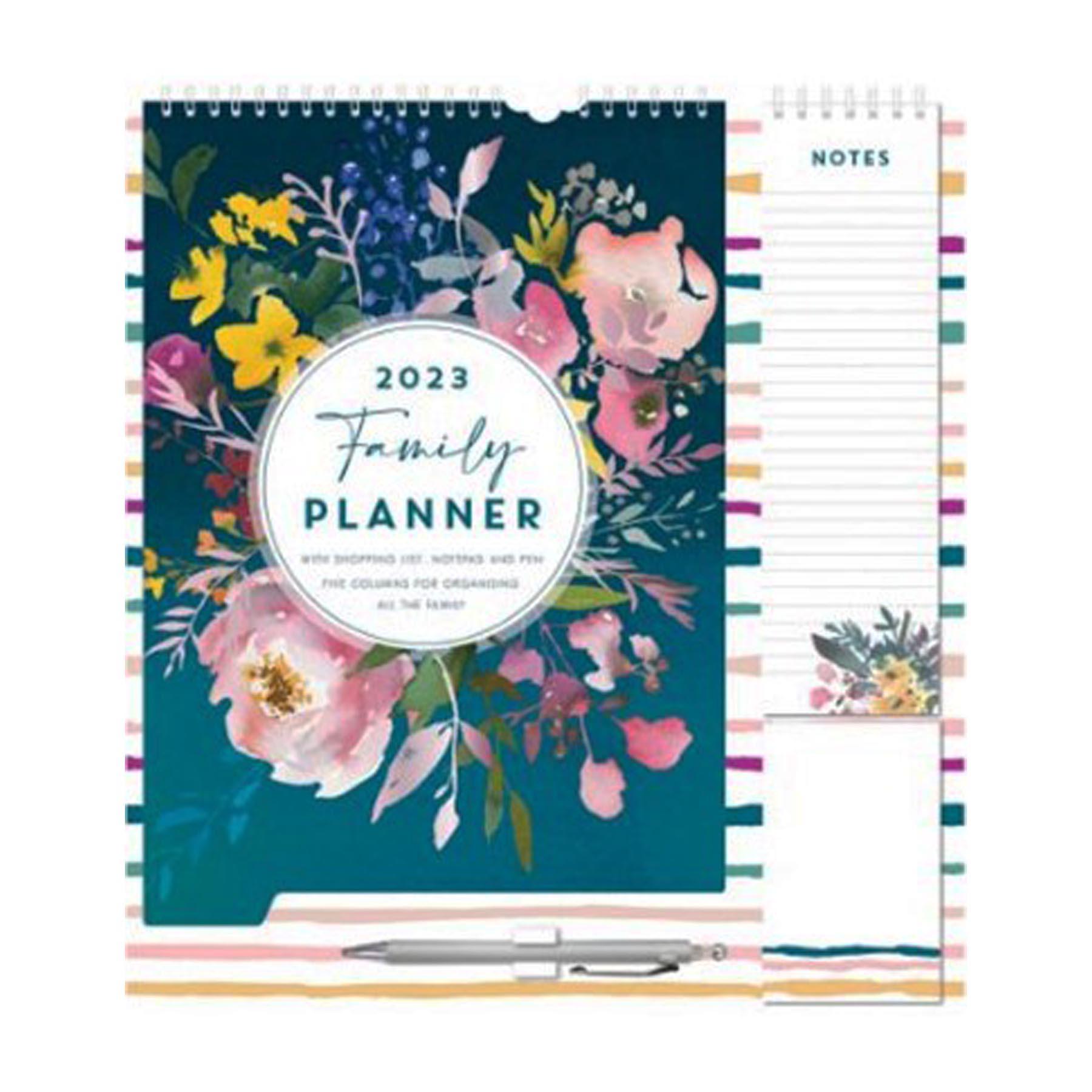 2023 Family Organiser Calendar - Shopping List, Memo Pad and Pen - Flowers