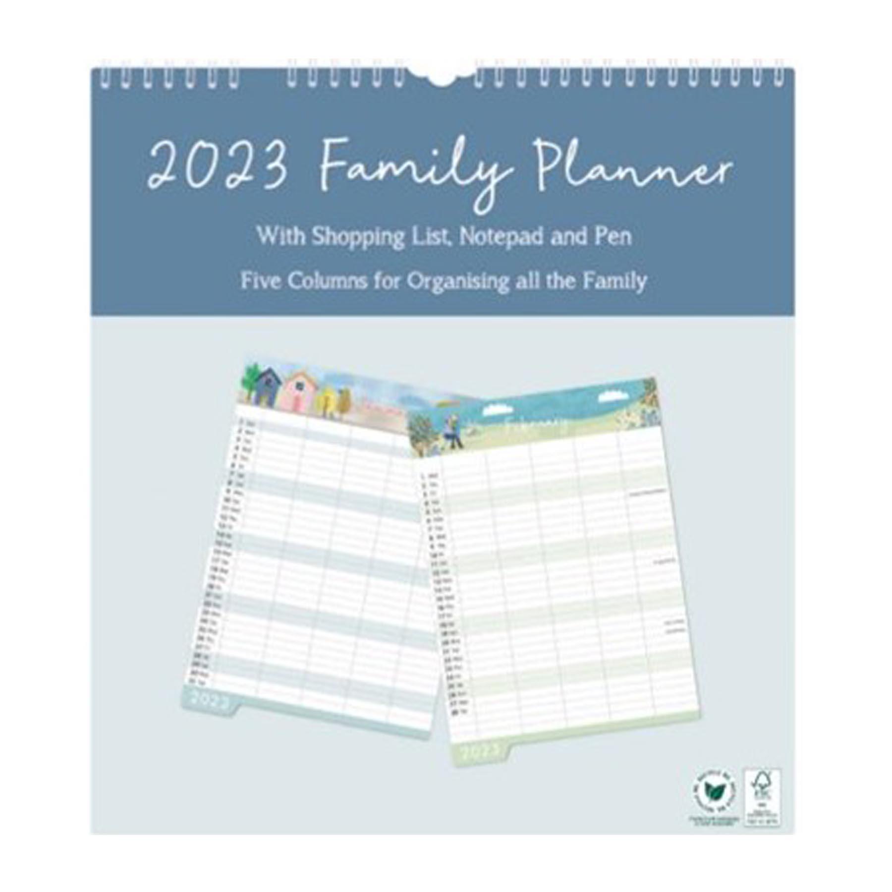 2023 Family Organiser Calendar - Shopping List, Memo Pad and Pen - Houses