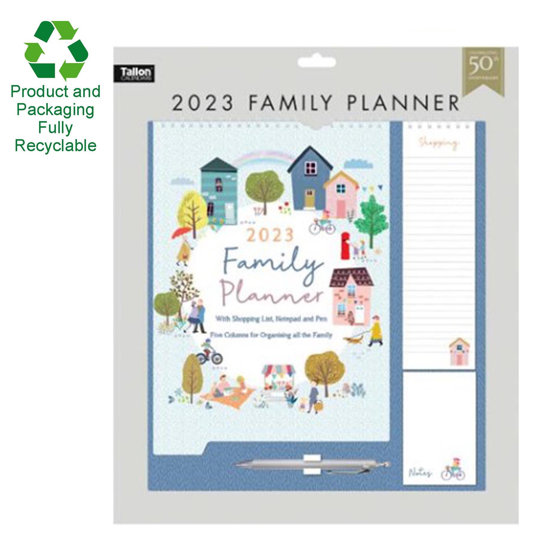 2023 Family Organiser Calendar - Shopping List, Memo Pad and Pen - Houses