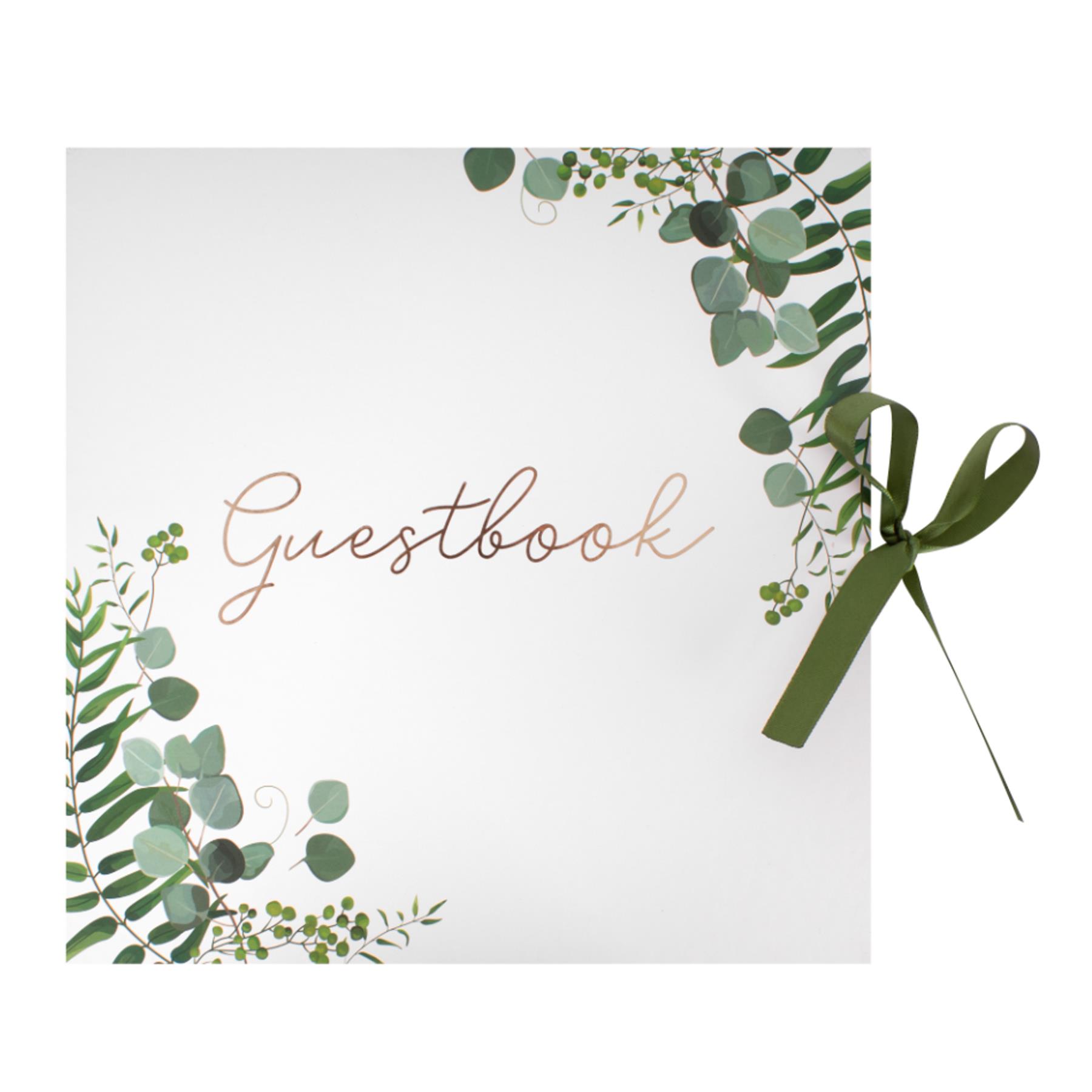 Perfect Day Wedding Guest Book Green Floral with Ribbon Close