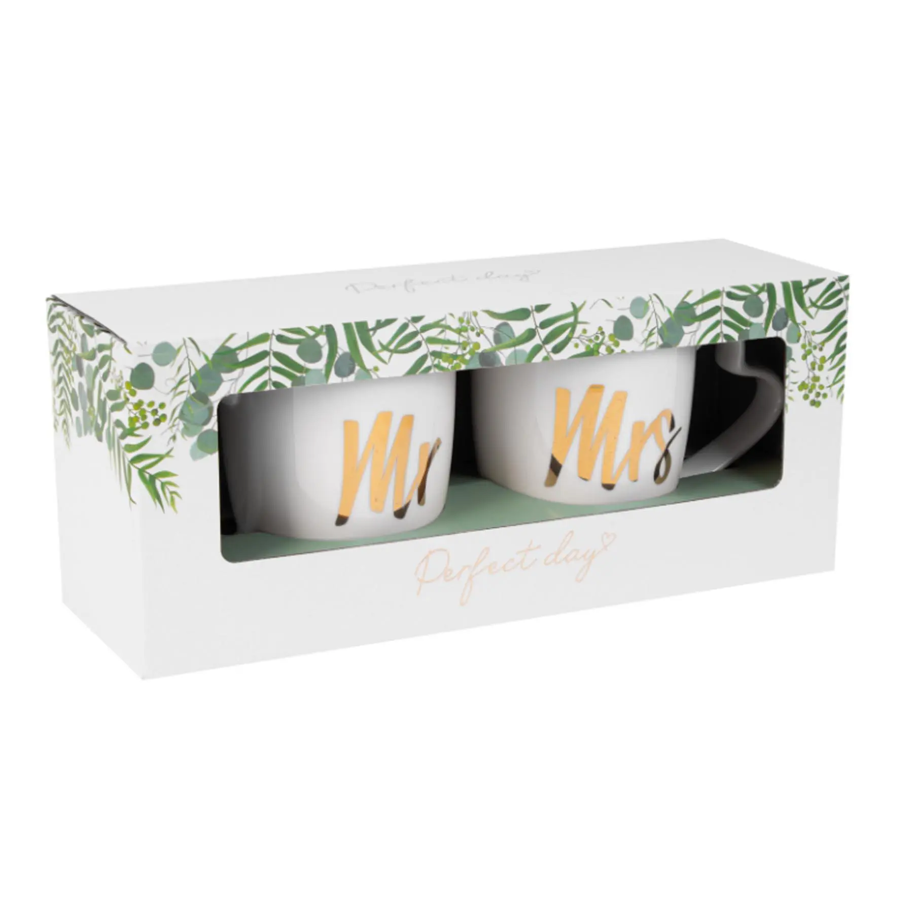 Perfect Day Wedding Mug Set White with Gold Mr and Mrs Text
