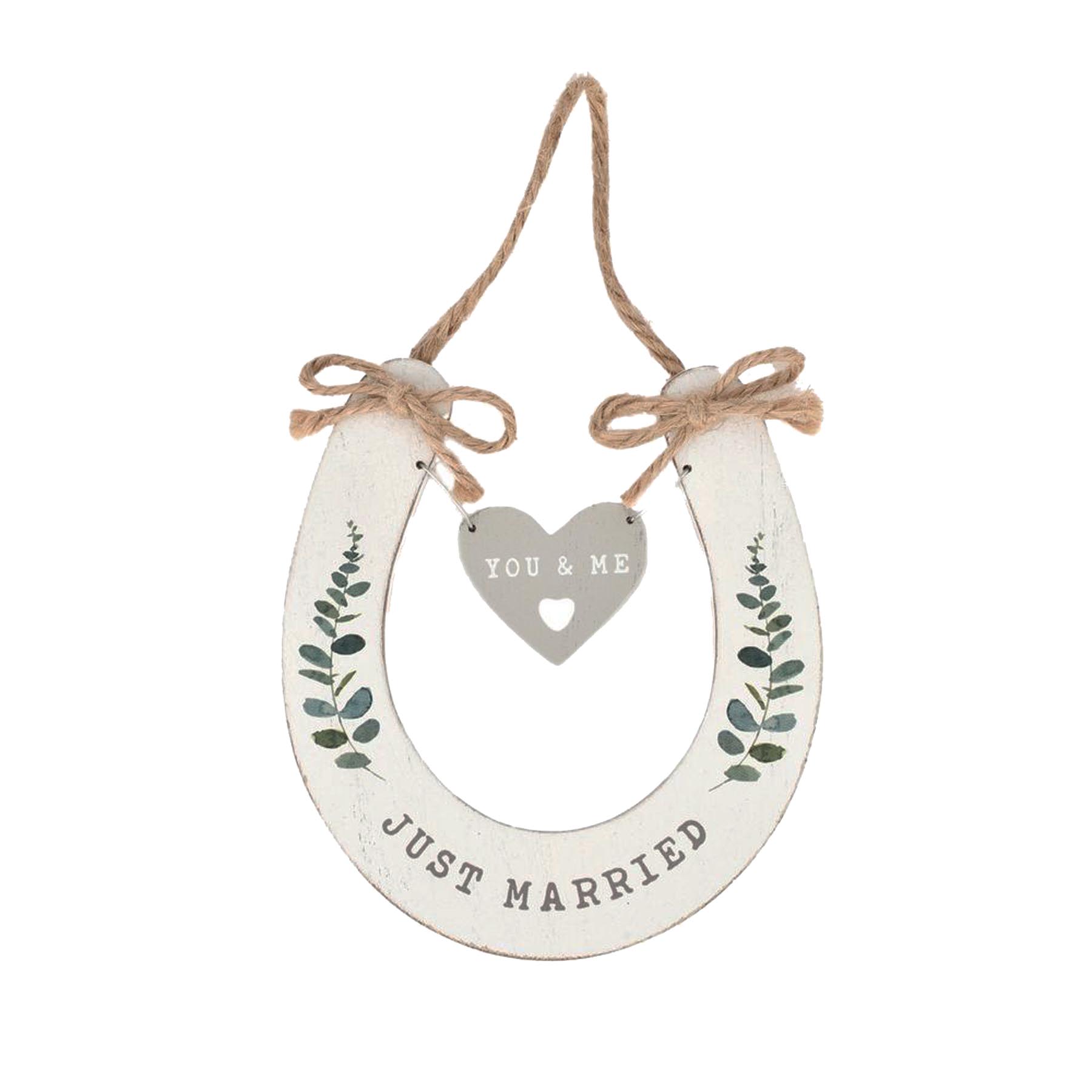 'Just Married' Wedding Horseshoe White with Hanging Heart