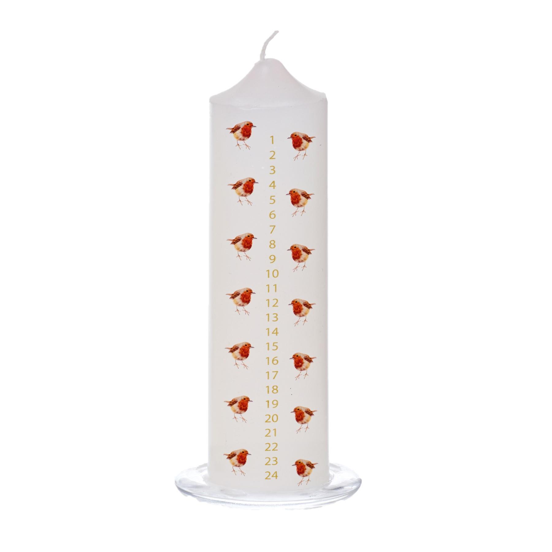 20cm Christmas Advent Candle with Robin Image on Glass Tray - White