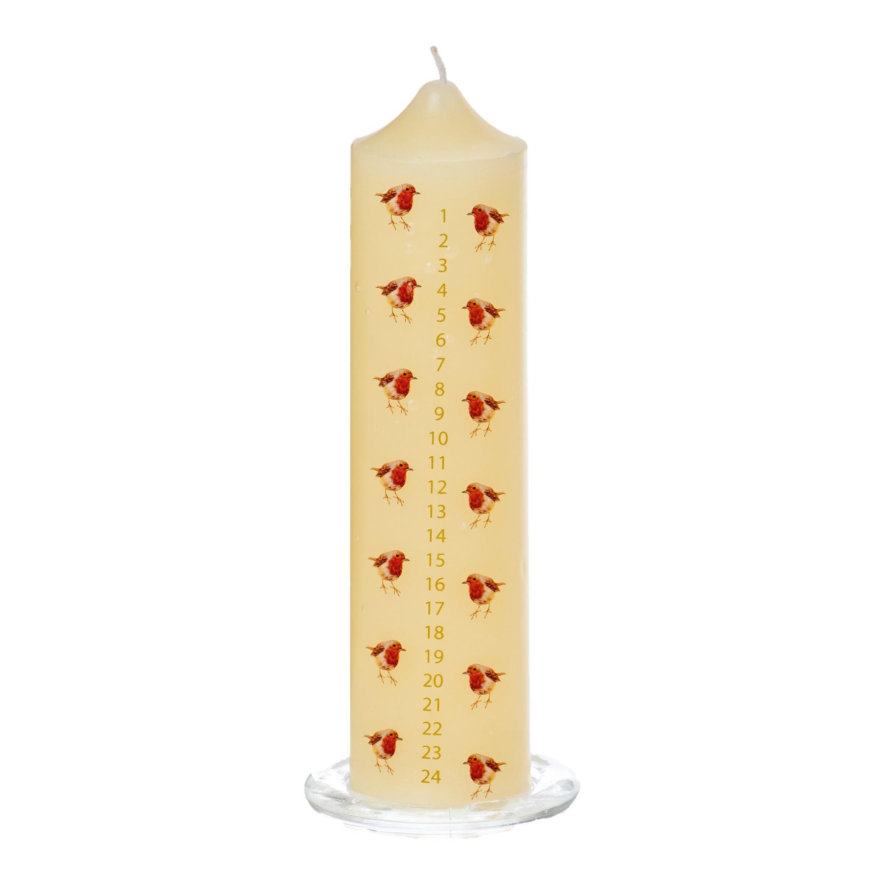 20cm Christmas Advent Candle with Robin Image on Glass Tray - Ivory