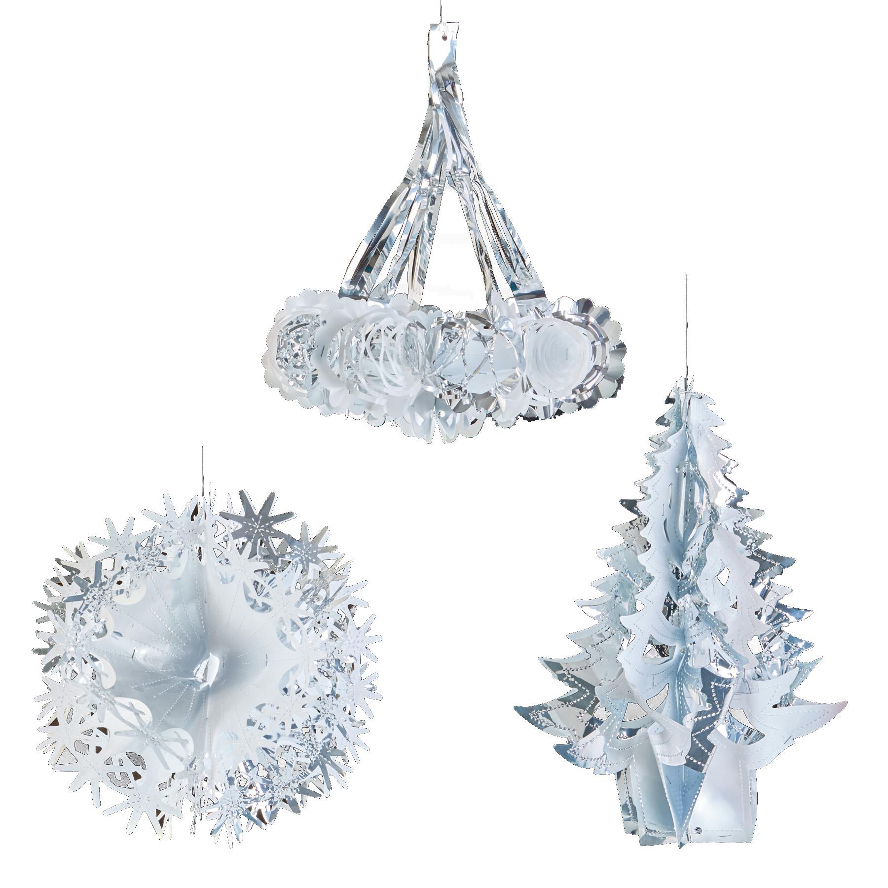 Silver / White Christmas 2 Tone Foil Ceiling Decorations - Tree Ball Chandelier Set