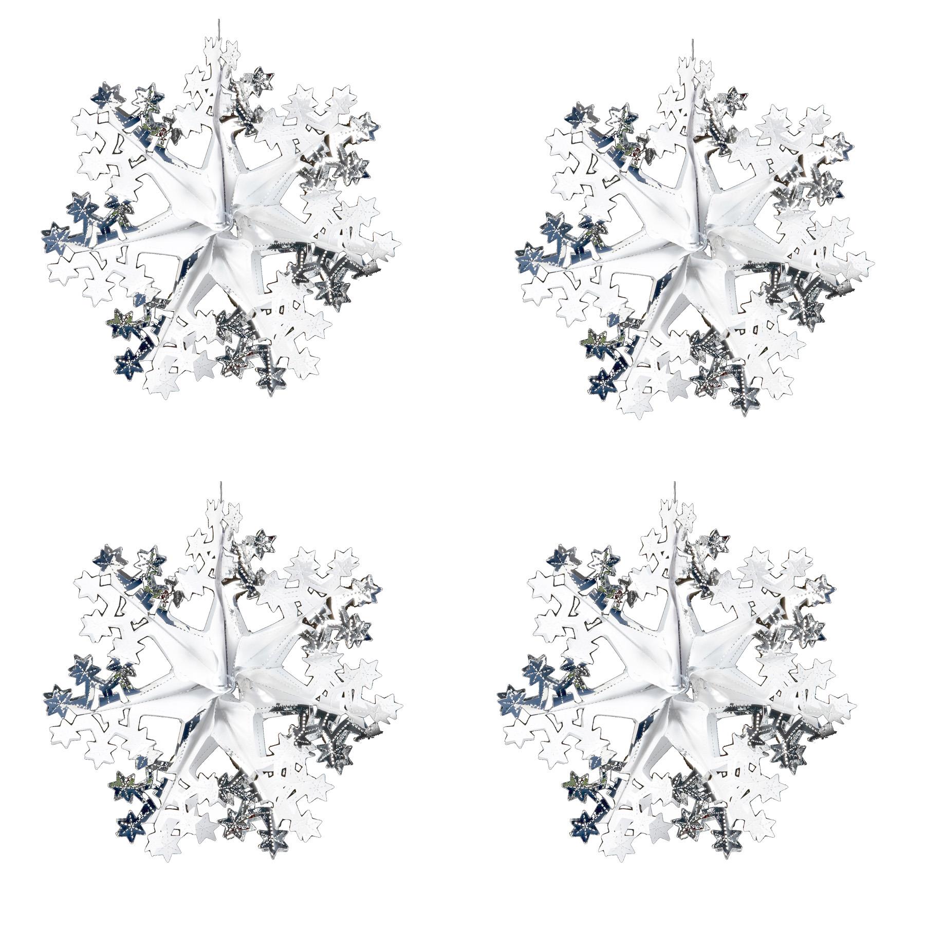 Silver / White Christmas 2 Tone Foil Ceiling Decorations - Set 4 40cm Star Snowflakes