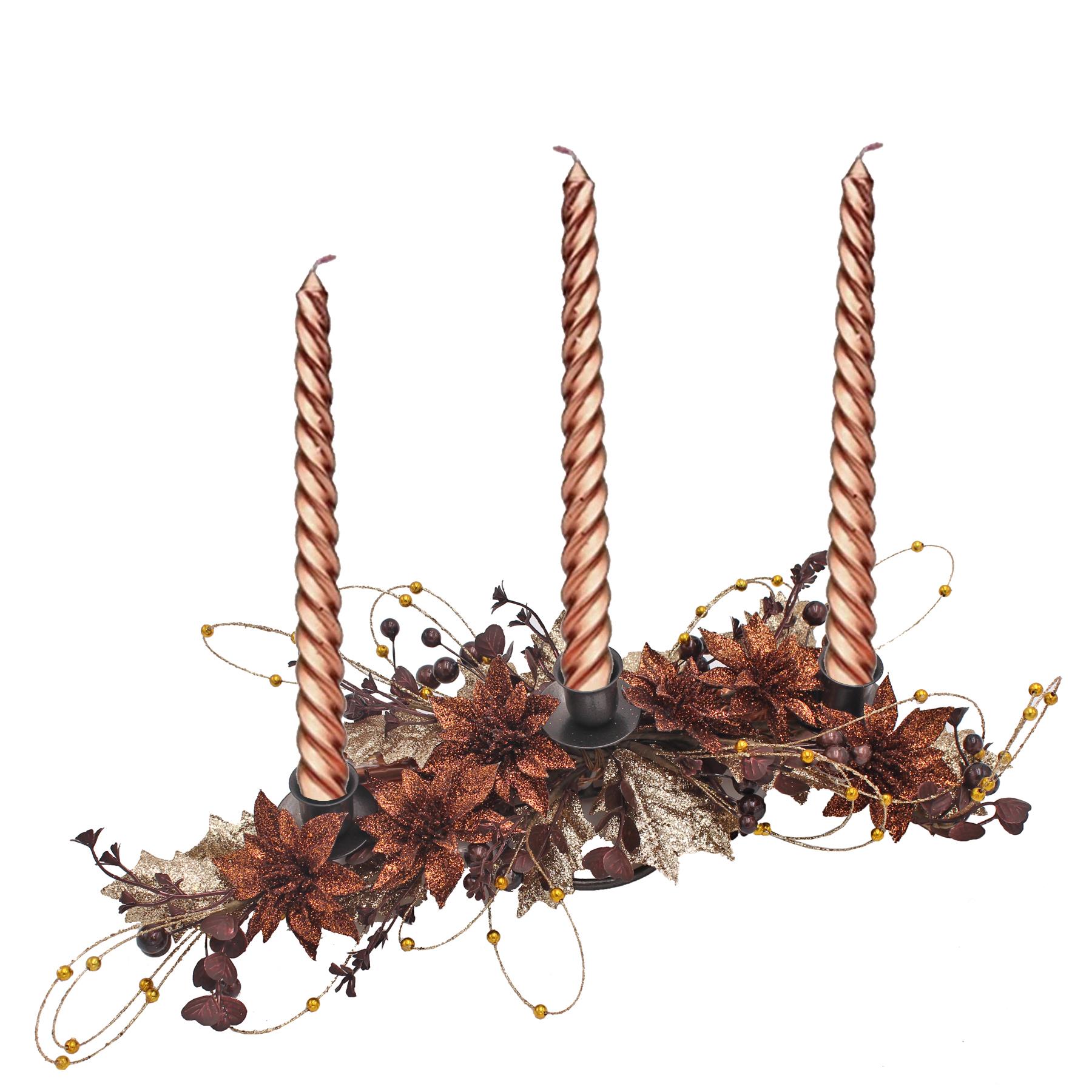 45cm Christmas Table Centrepiece Decoration 3 Candle Holder with Candles - Copper / Gold