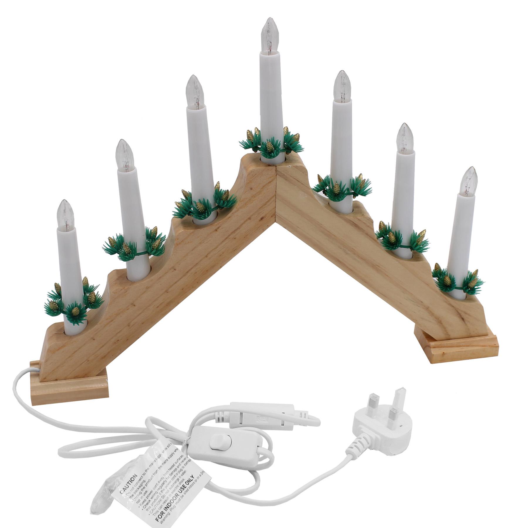 Christmas Decoration Wooden 40cm Mains Operated LED 7 Light Candlebridge - Natural