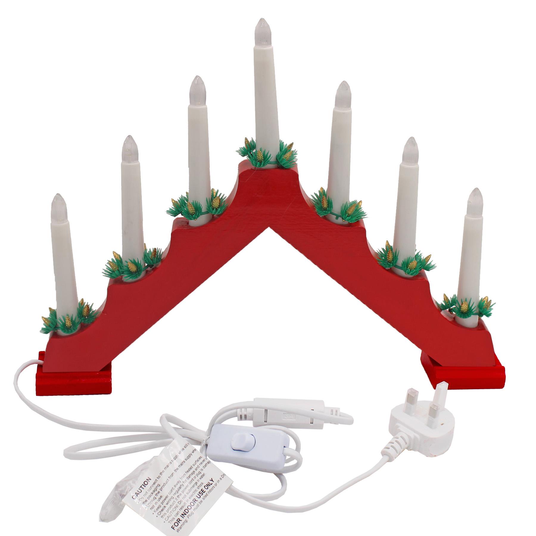 Christmas Decoration Wooden 40cm Mains Operated LED 7 Light Candlebridge - Red