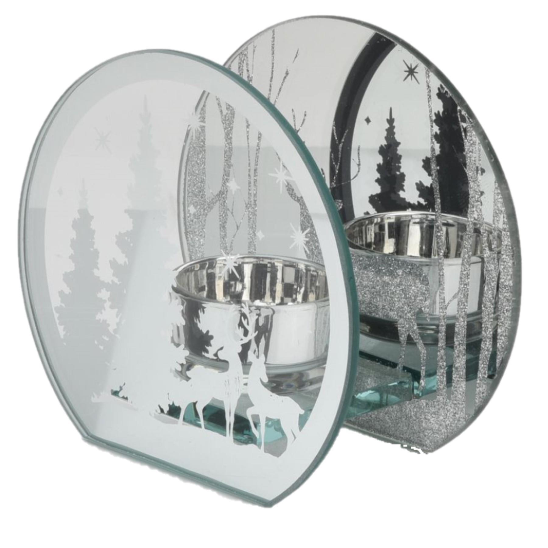 Christmas Glitter / Mirror Reindeer Glass Tea Light Holder - Silver