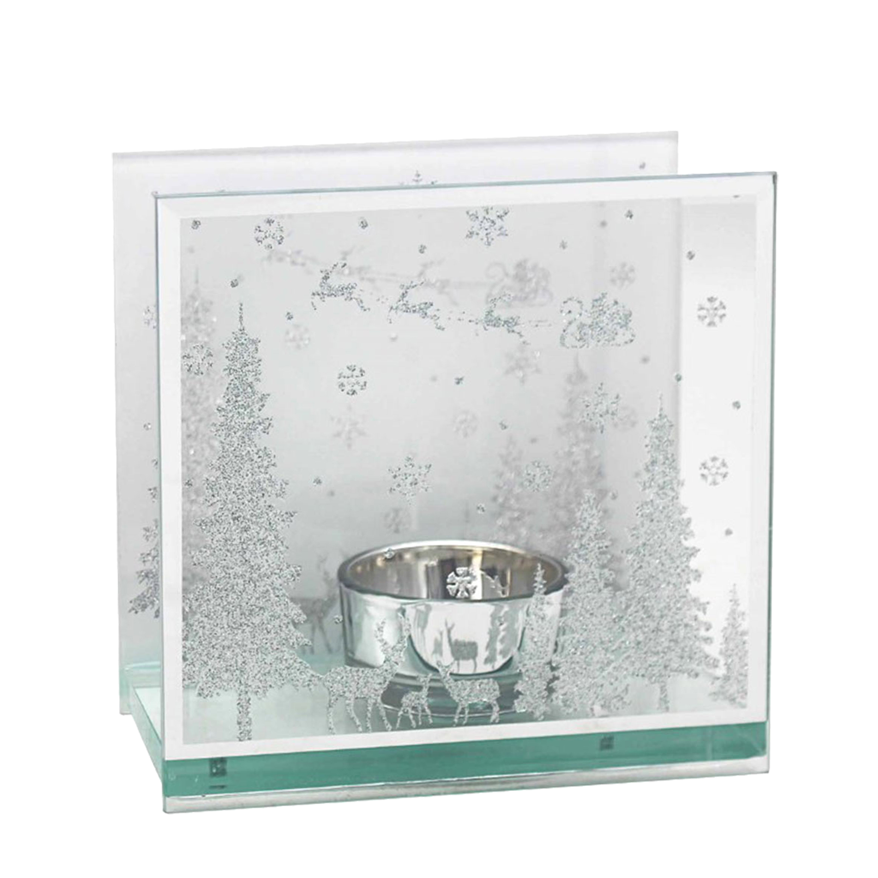 Christmas Glitter Woodland Glass Tea Light Holder -  Silver
