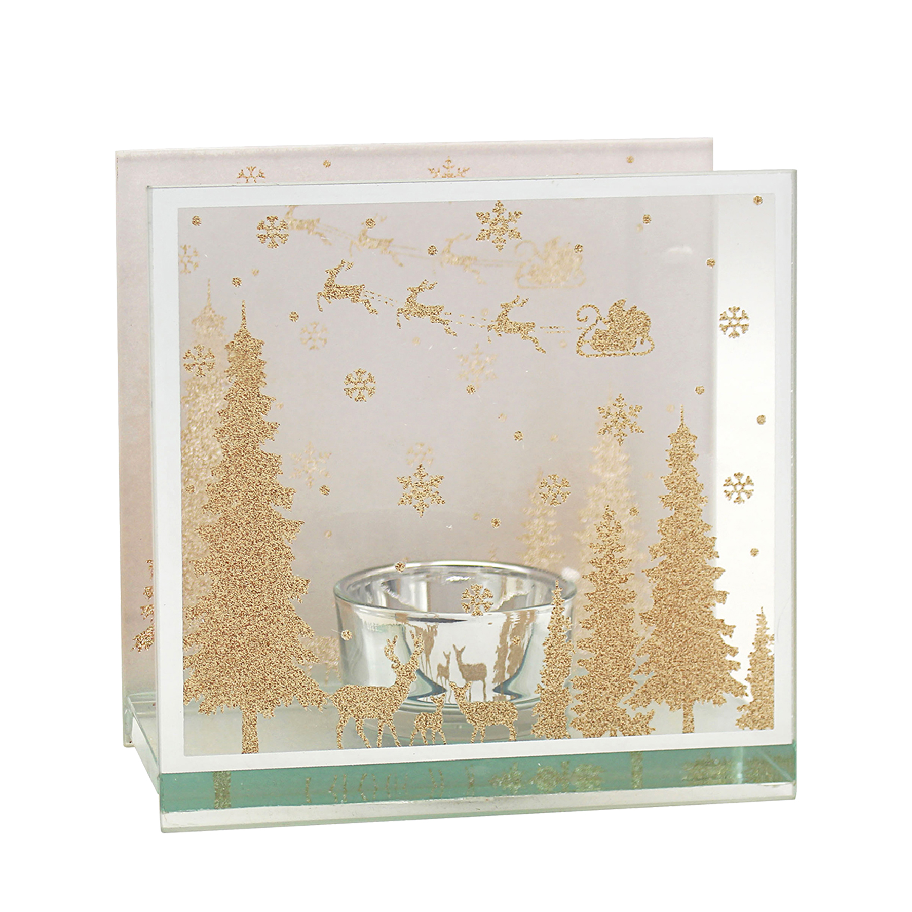 Christmas Glitter Woodland Glass Tea Light Holder -  Gold