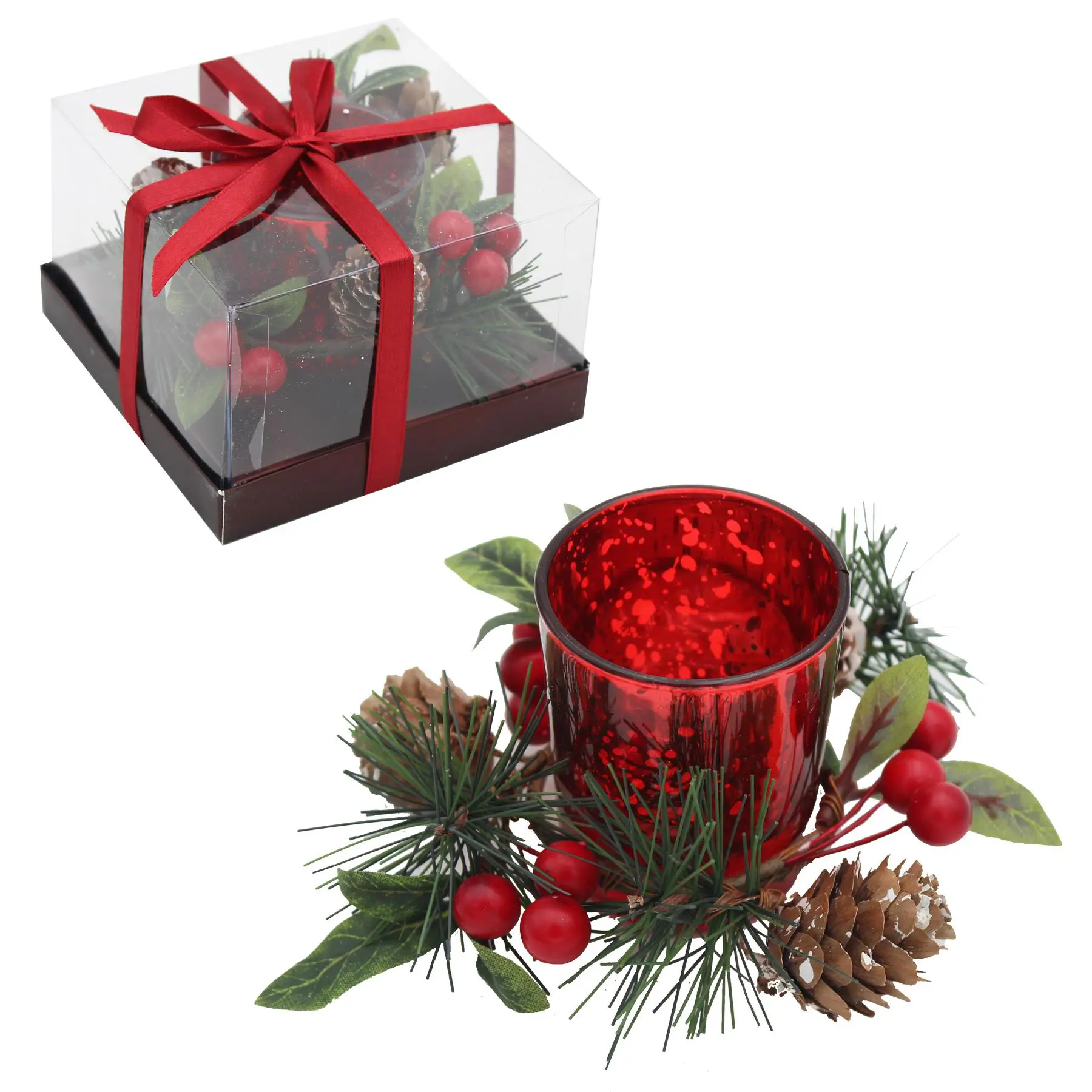 Christmas Single Red Glass Tea Light Holder with Wreath Decoration and Candle