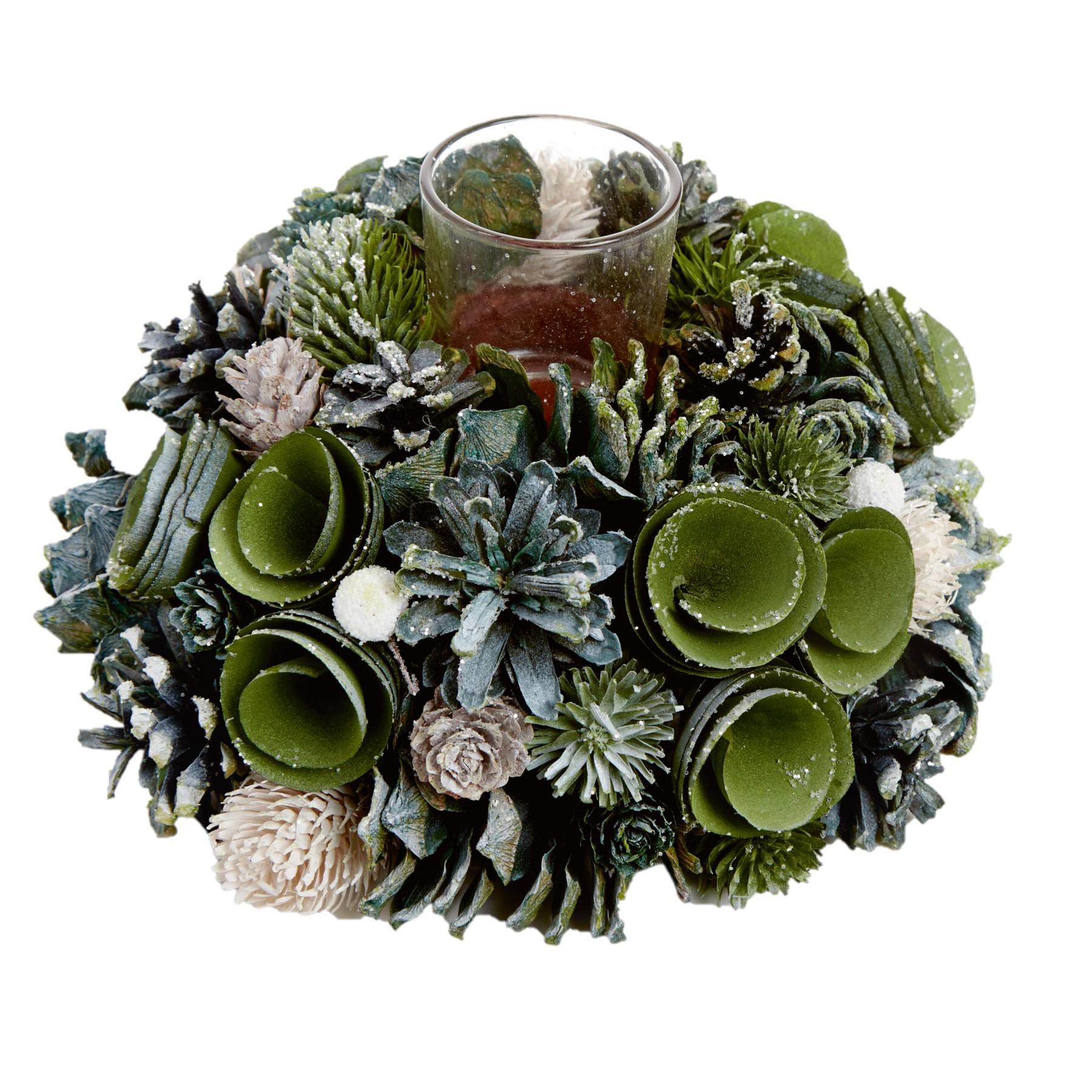 Christmas Table Centrepiece Decoration 20cm Wreath with Glass Candle Holder - White / Natural