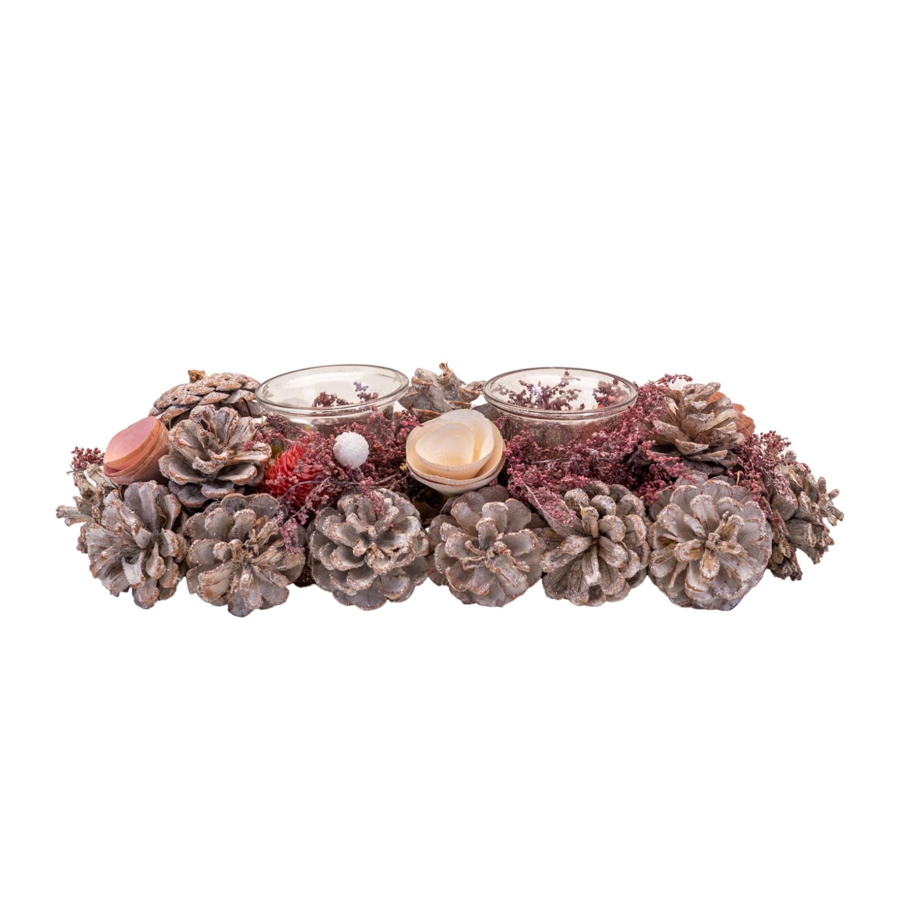 Christmas Table Centrepiece Pine Cone Candle Holder - Pink / Silver