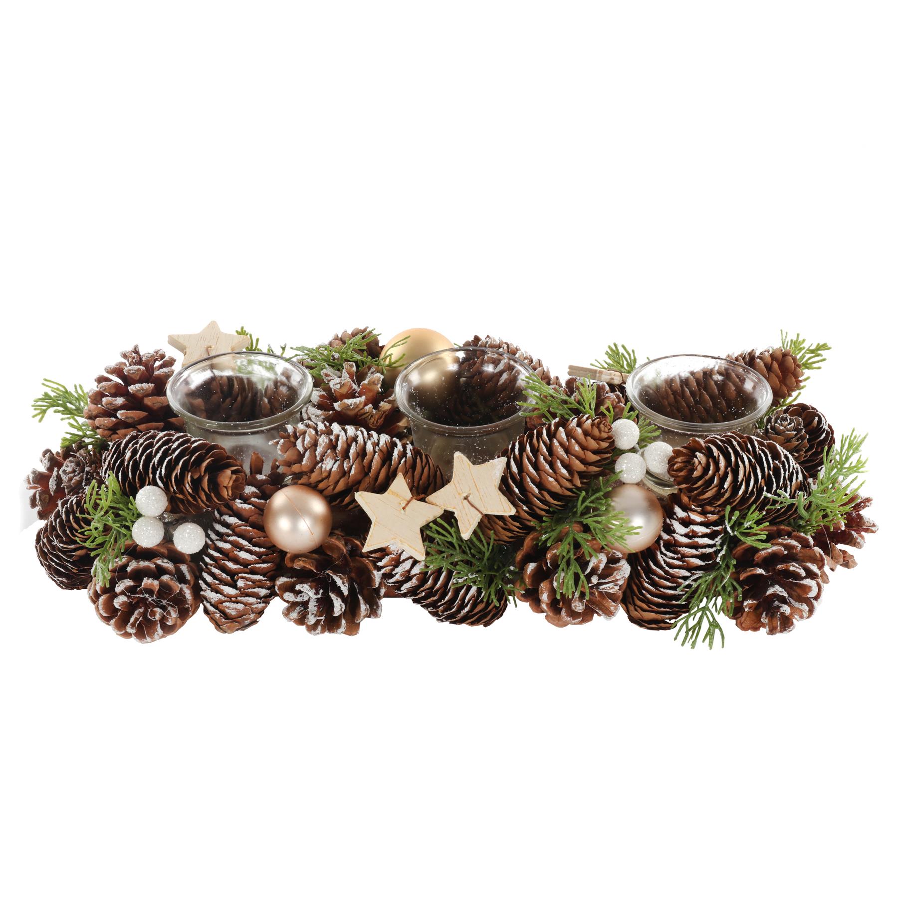 Christmas Table Centrepiece Pine Cone Dressed 3 Glass Jar Candle Holder