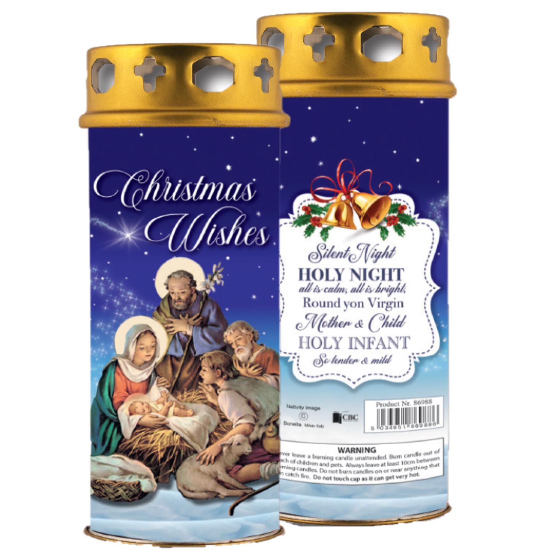 Nativity Pillar Candle and Windproof Cap - Christmas Wishes - Blue