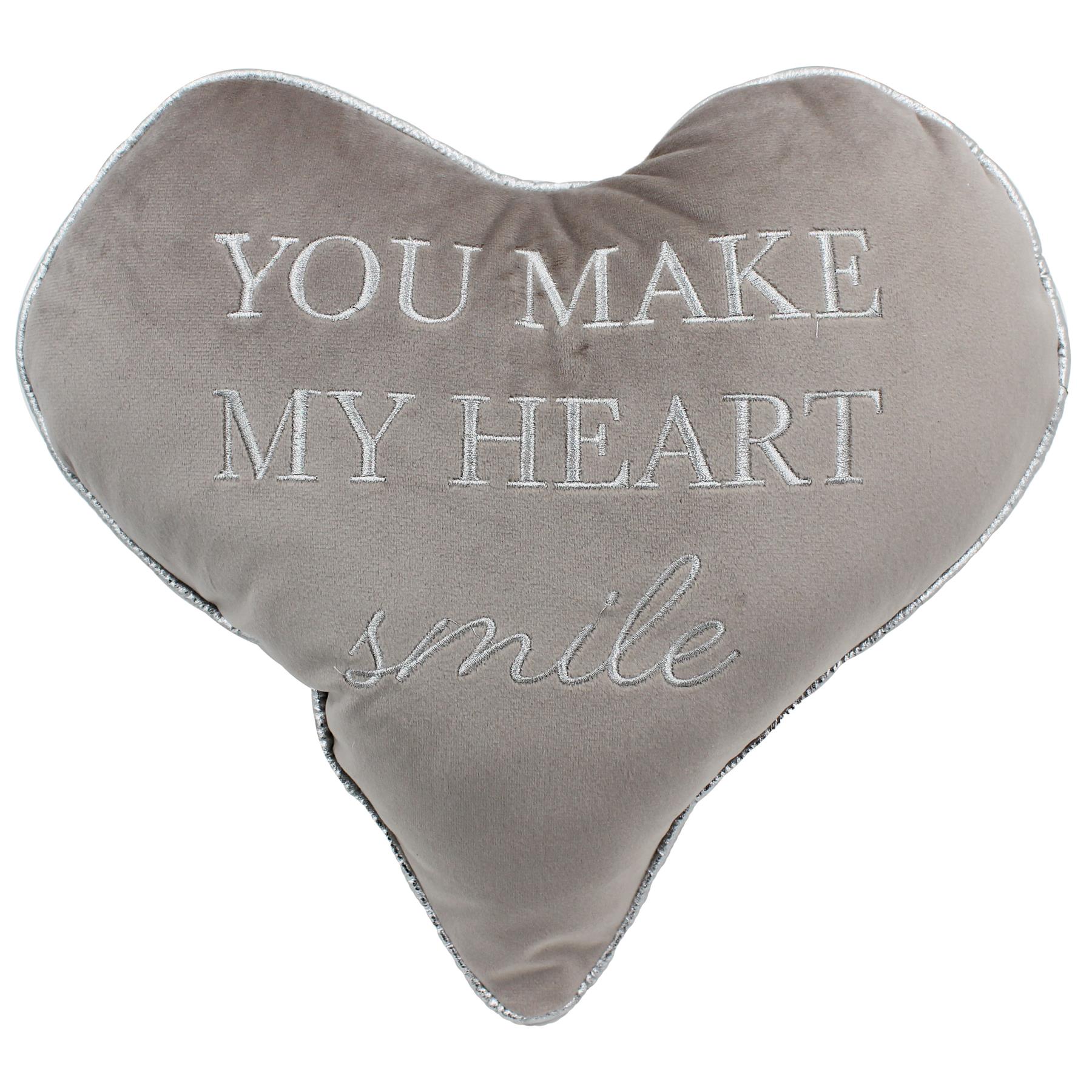 Heart Cushion Grey Velour with Wording 'You make my heart smile'