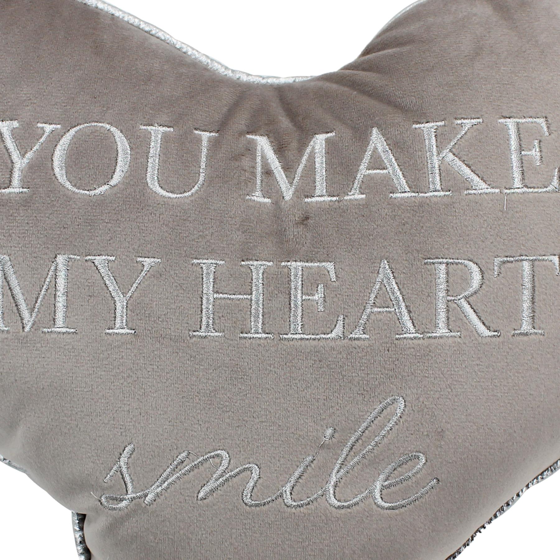 Heart Cushion Grey Velour with Wording 'You make my heart smile'