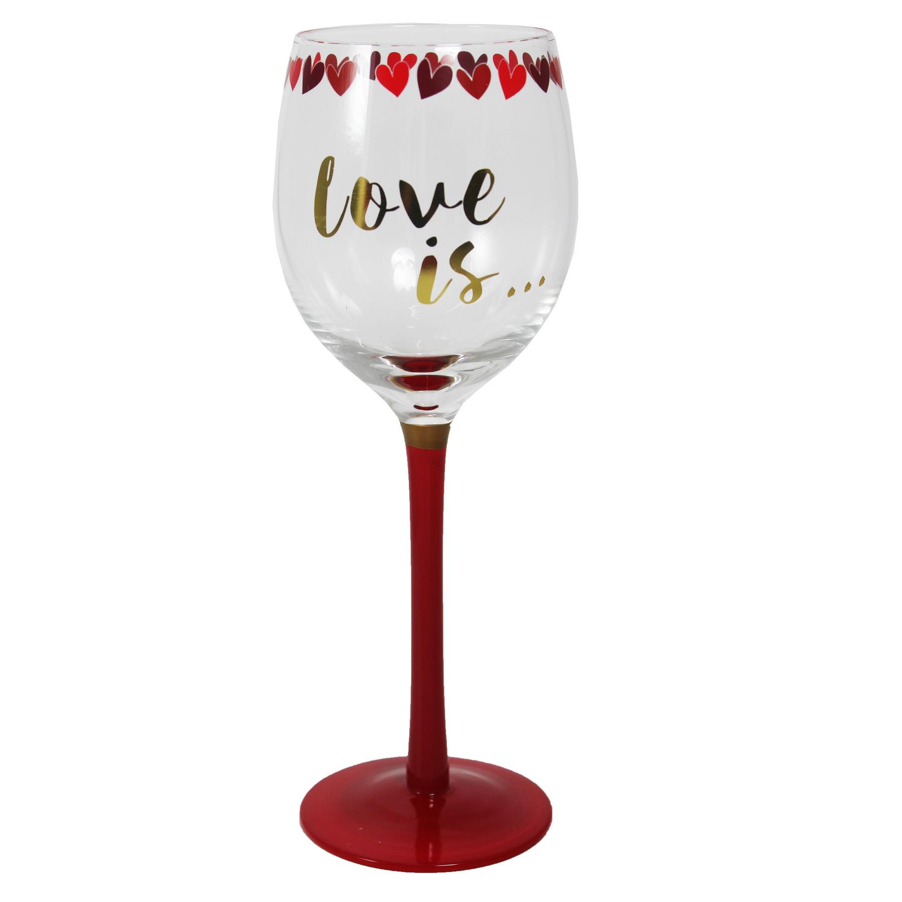 Valentines Wine Glass with Red Stem Love Is...