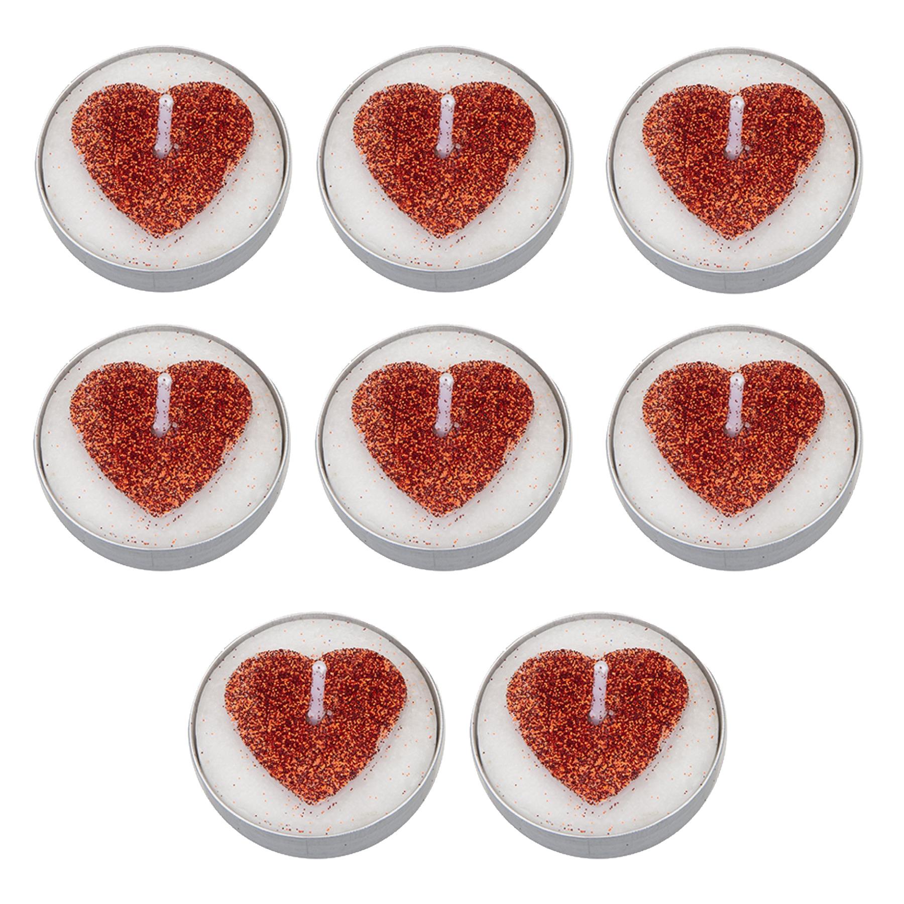 8 Pack Tea Light Candles with Red Glitter Heart Valentines Anniversary Wedding