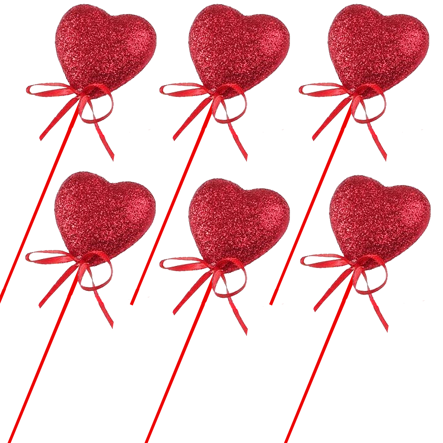 Red Glitter Hearts on Sticks Set of 6 Valentines Decoration
