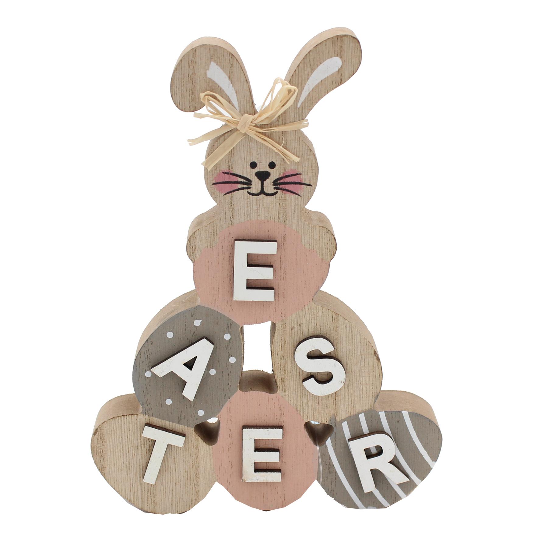 Easter Art Deco Decorations - Bunny / Pink Egg Wooden Tower