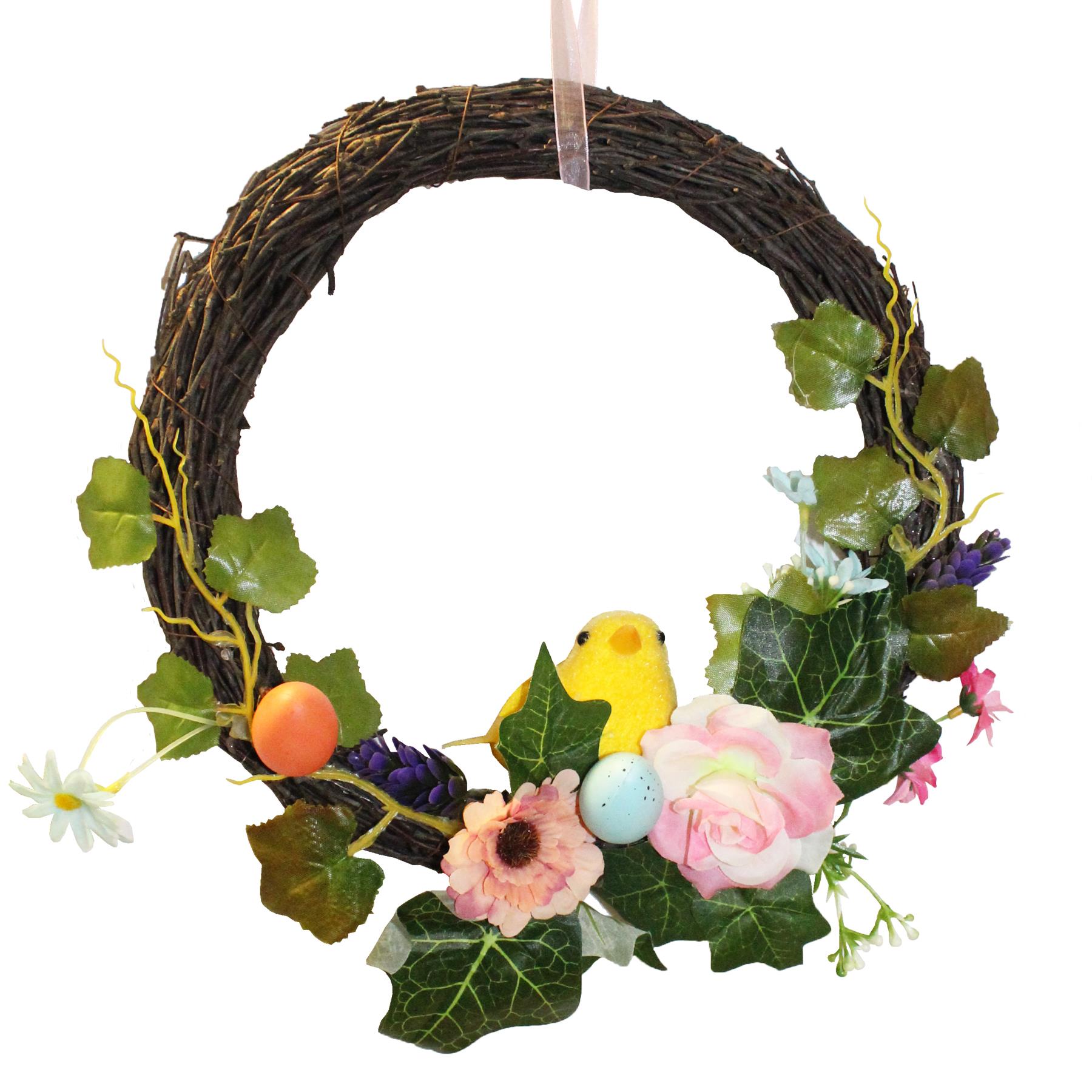 Easter Art Deco Decorations, Room Ornament - Chick Rattan Wreath with Flowers
