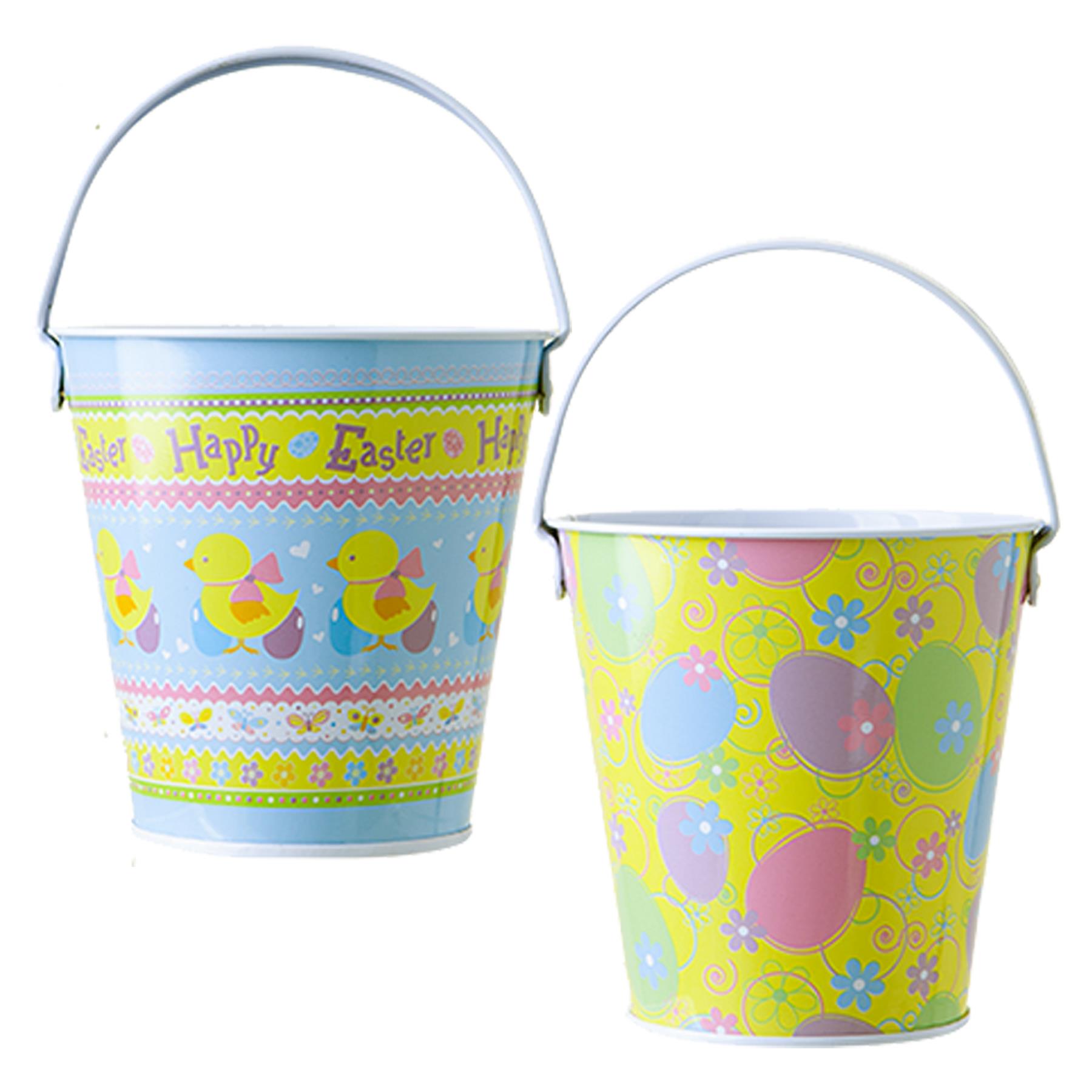 Easter Baskets, Buckets, Accessories - Set of 2 Mini Metal Buckets Egg / Happy Easter