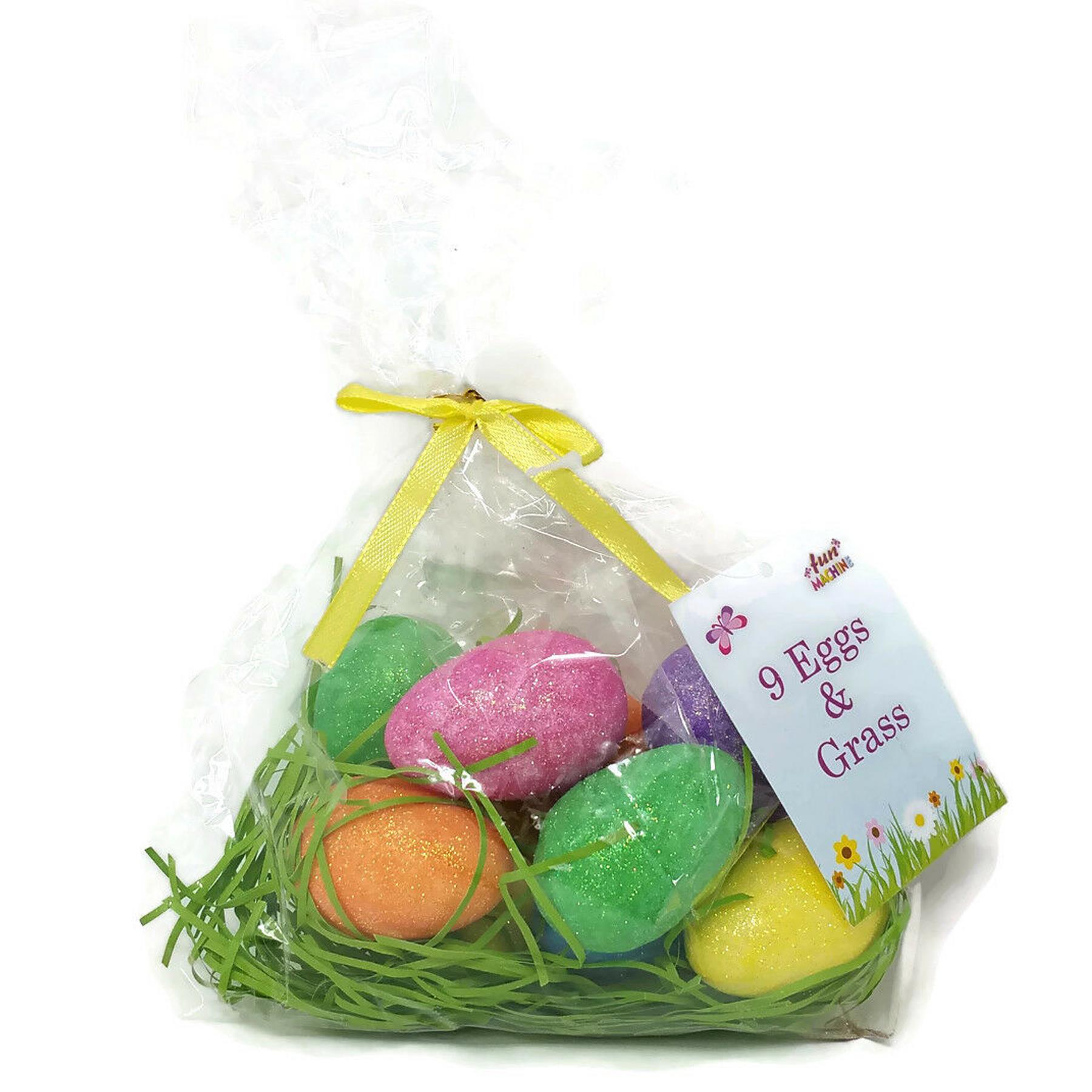 Easter Decorations, Bonnet Arts and Crafts, Egg Hunt - 9 Glitter Eggs with Grass