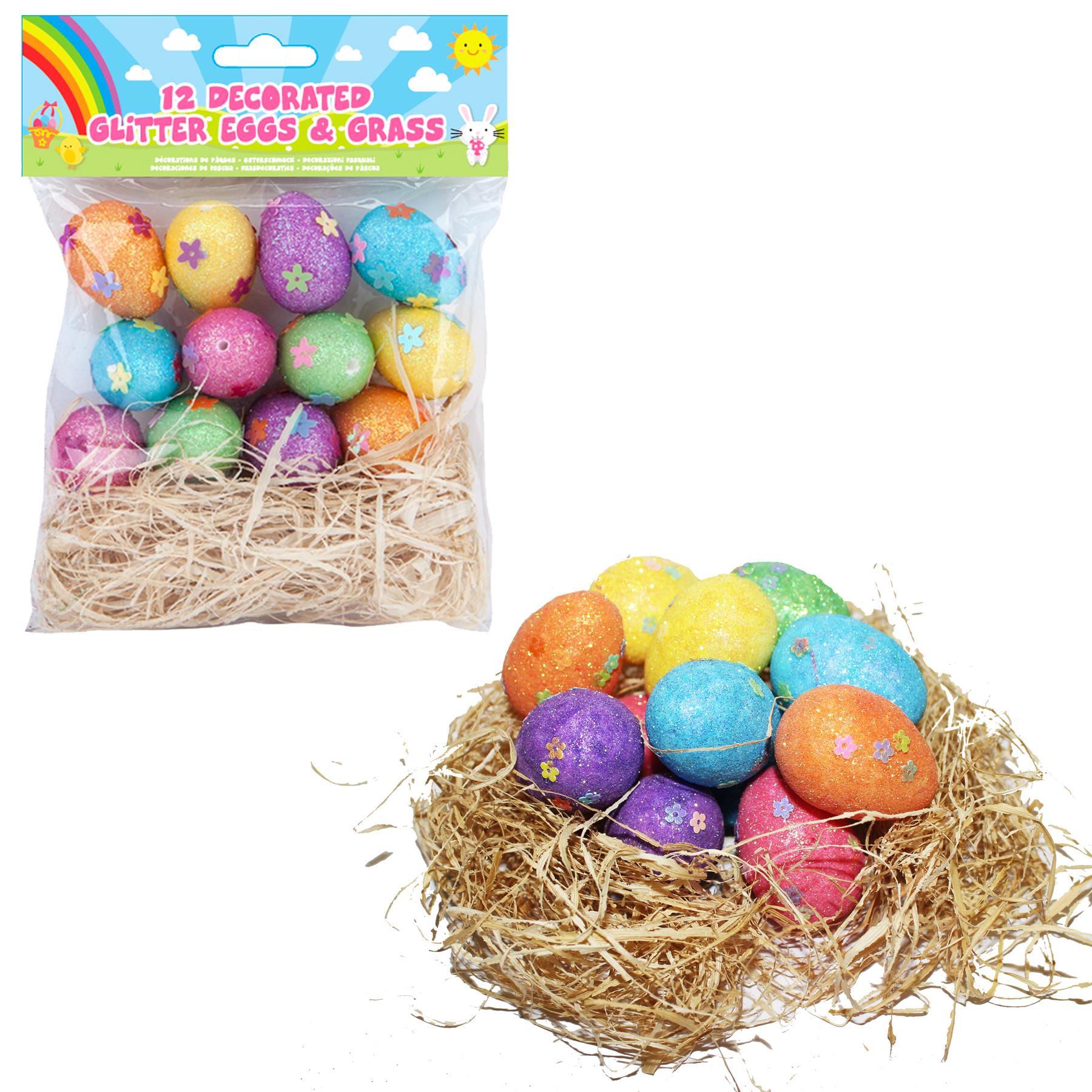Easter Decorations, Bonnet Making, Arts and Crafts - 12 Glitter Eggs with Grass
