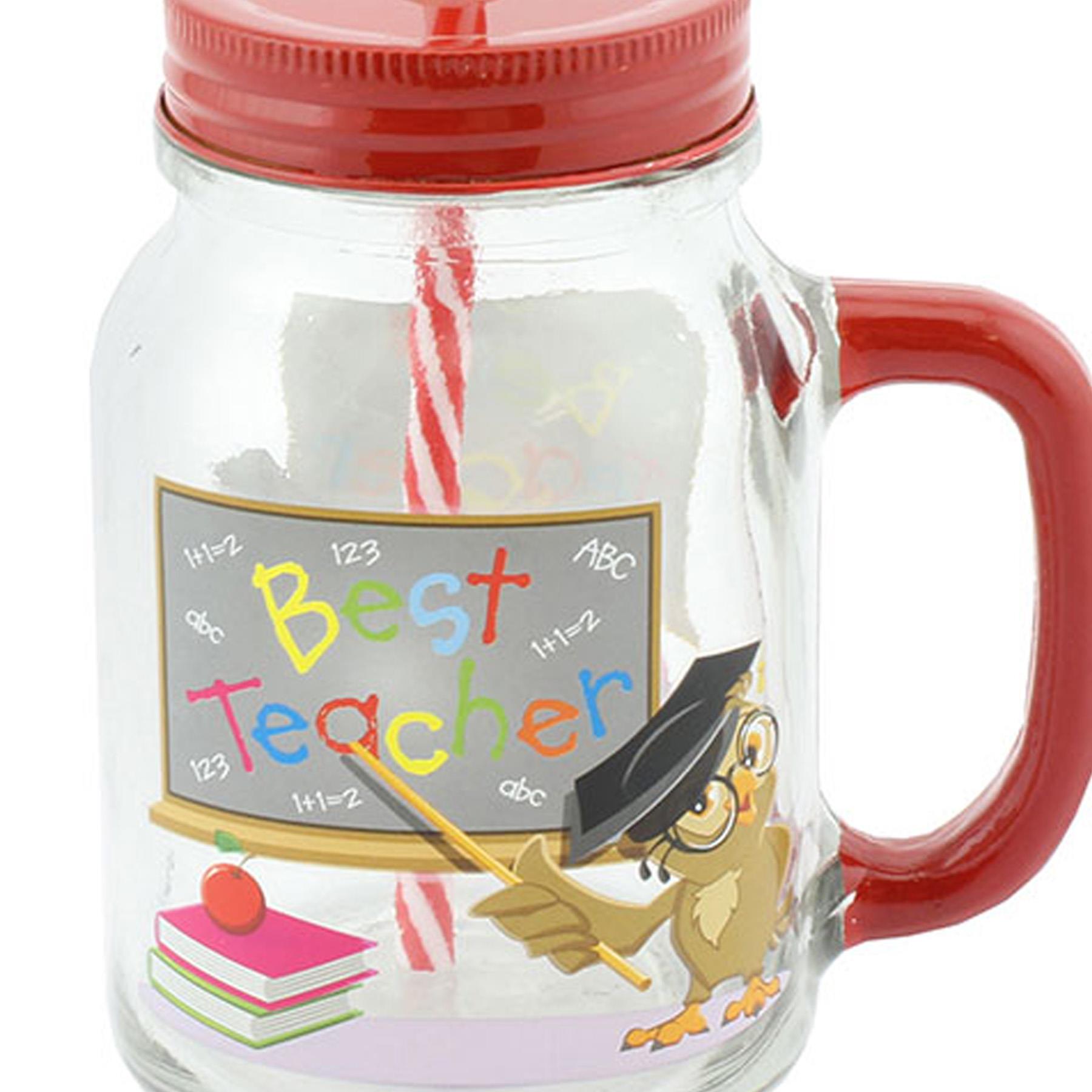 School Best Teacher Mason Glass Jar with Handle Straw - Thank you Gift